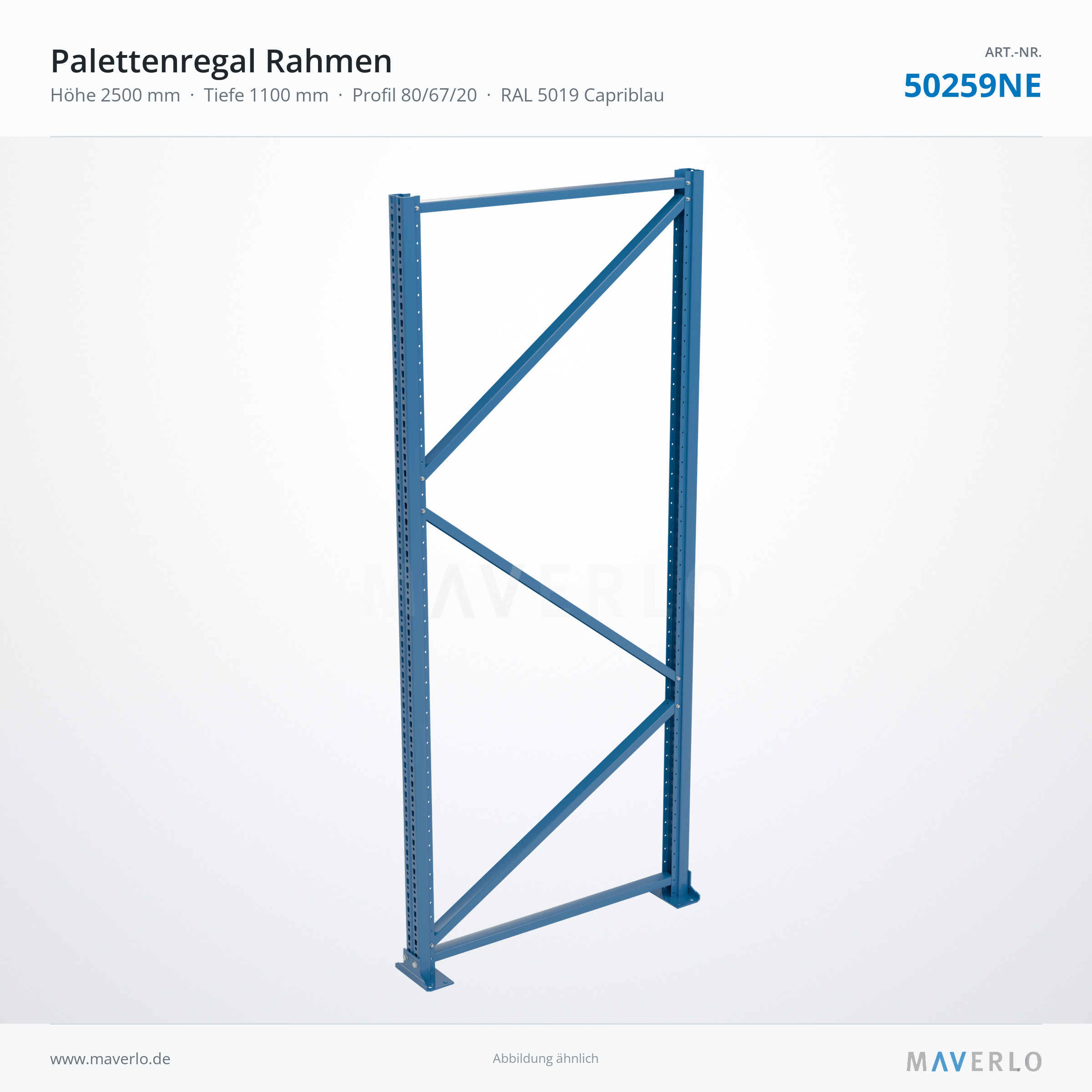 Palettenregal-Rahmen NEDCON NR1 2500 x 1100 mm, Ständer 806720, RAL 5019 – NEDCON NR1 Palettenregal, Art.-Nr. 50259NE (Perspektive)