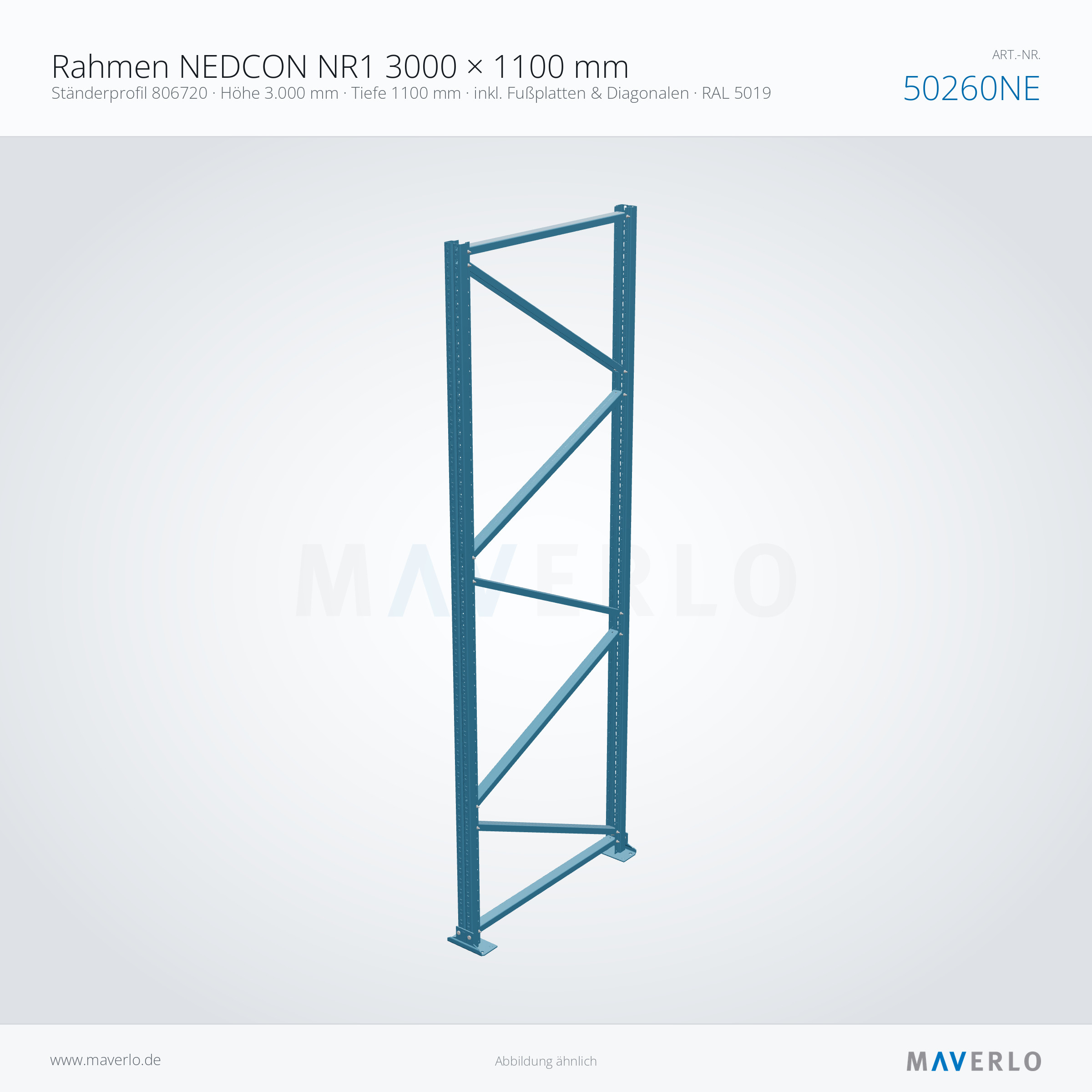 Palettenregal-Rahmen NEDCON NR1 3000 x 1100 mm, Ständer 806720, RAL 5019, Art.-Nr. 50260NE (Perspektive)
