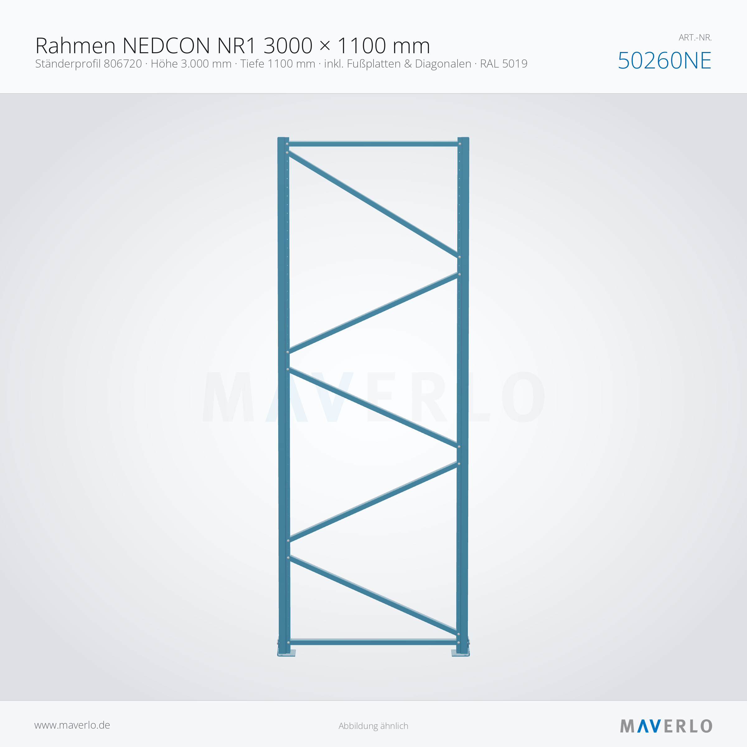 Palettenregal-Rahmen NEDCON NR1 3000 x 1100 mm, Ständer 806720, RAL 5019, Art.-Nr. 50260NE (Queransicht)