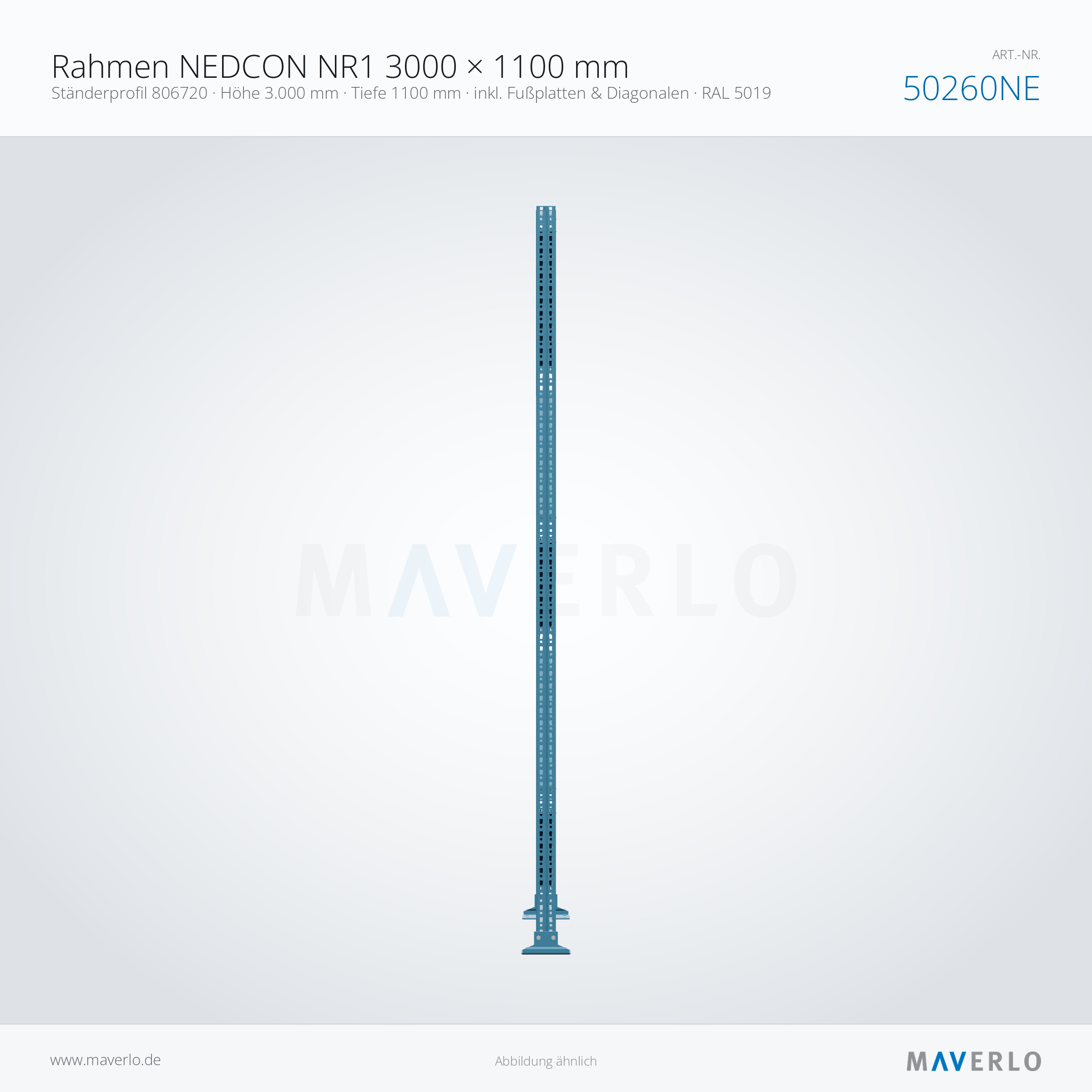 Palettenregal-Rahmen NEDCON NR1 3000 x 1100 mm, Ständer 806720, RAL 5019, Art.-Nr. 50260NE (Seitenansicht)