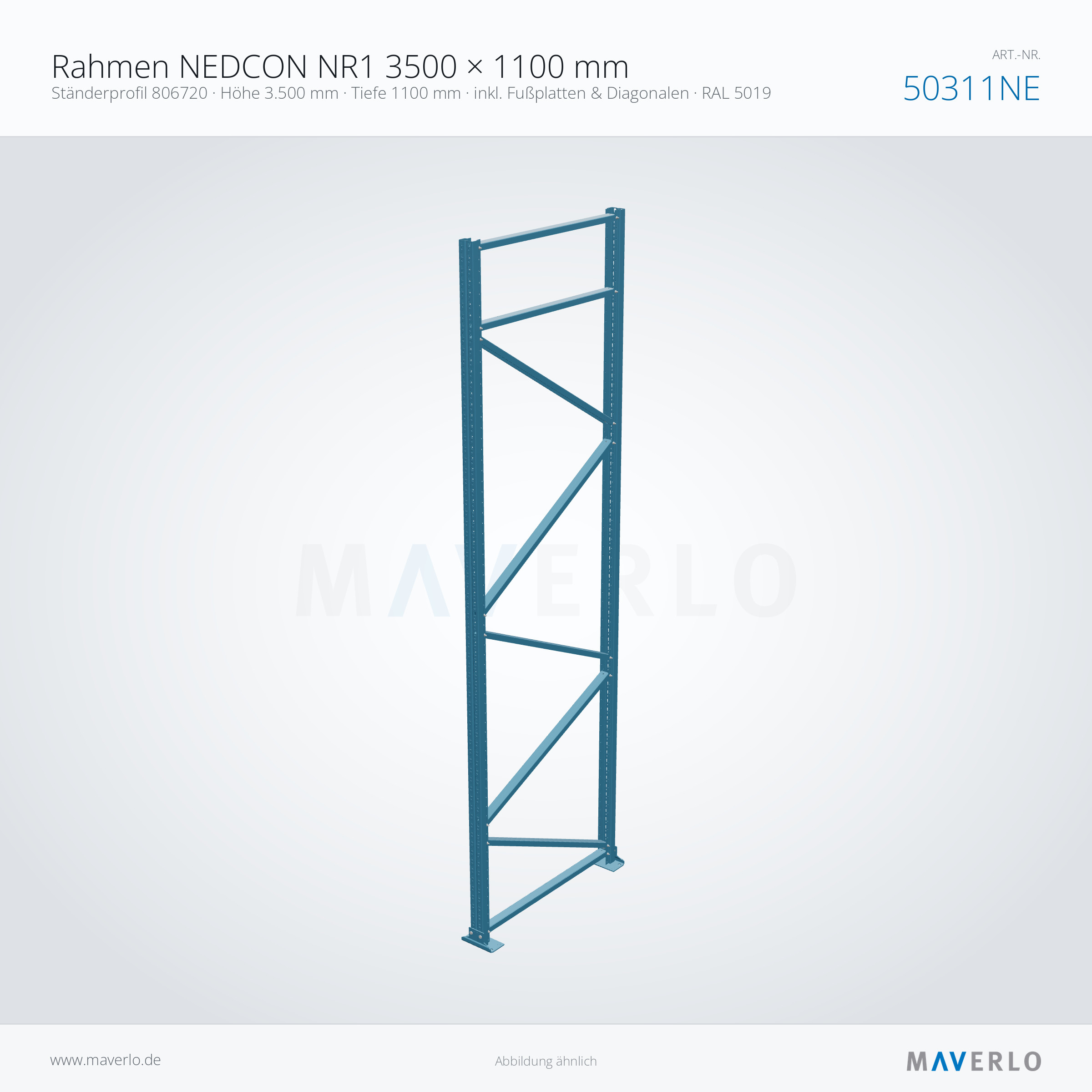 Palettenregal-Rahmen NEDCON NR1 3500 x 1100 mm, Ständer 806720, RAL 5019, Art.-Nr. 50311NE (Perspektive)
