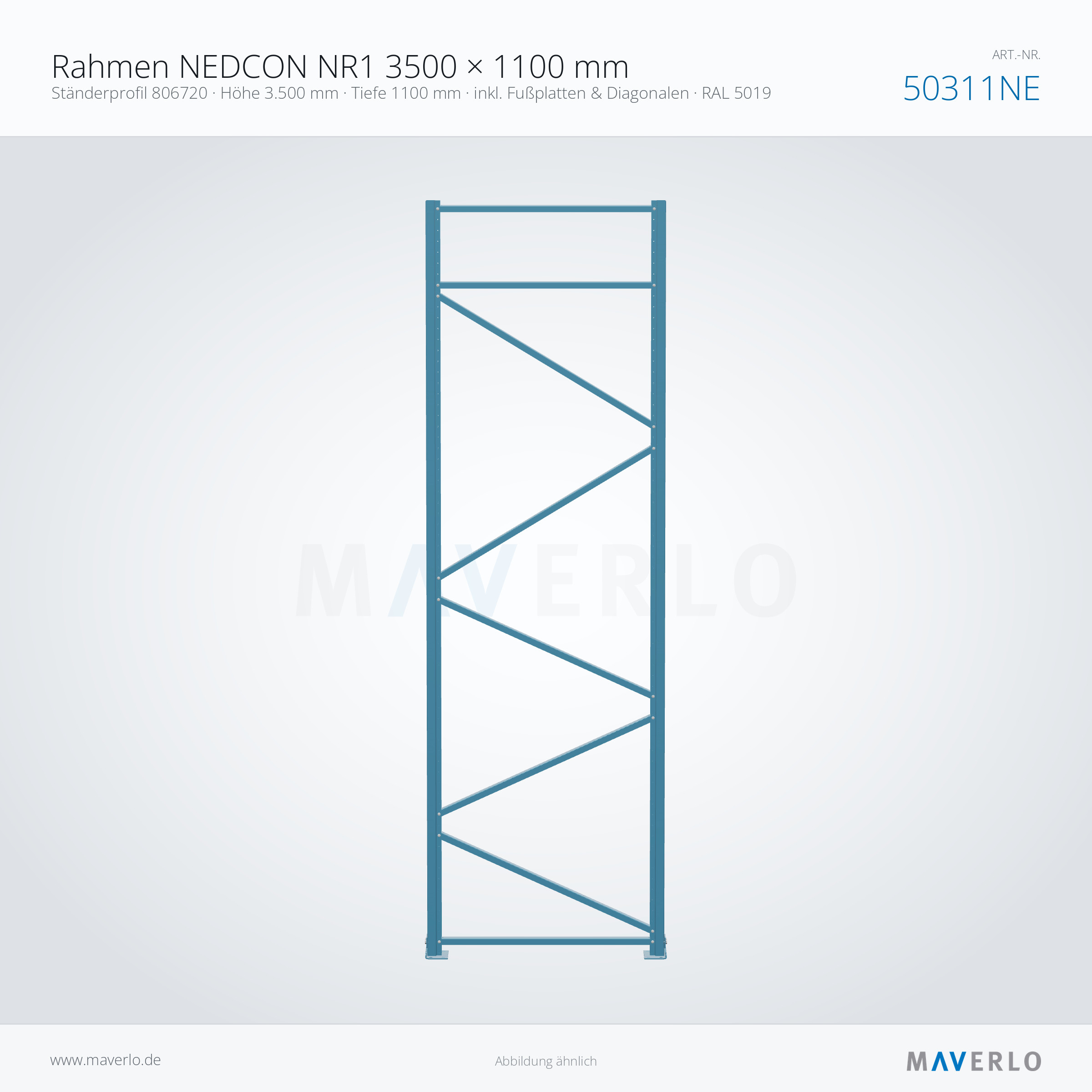 Palettenregal-Rahmen NEDCON NR1 3500 x 1100 mm, Ständer 806720, RAL 5019, Art.-Nr. 50311NE (Queransicht)