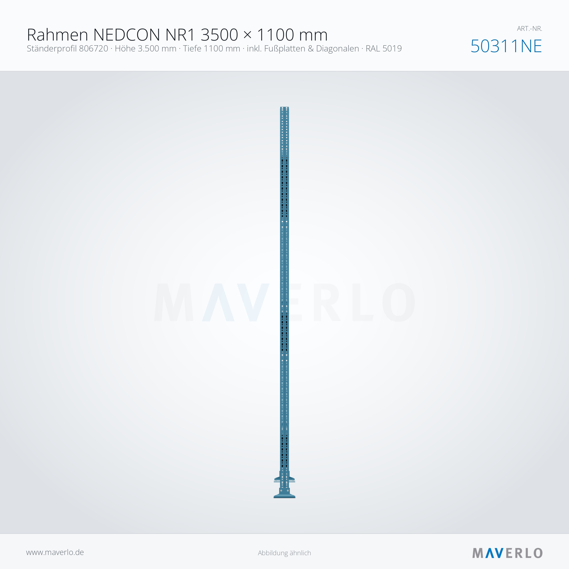 Palettenregal-Rahmen NEDCON NR1 3500 x 1100 mm, Ständer 806720, RAL 5019, Art.-Nr. 50311NE (Seitenansicht)
