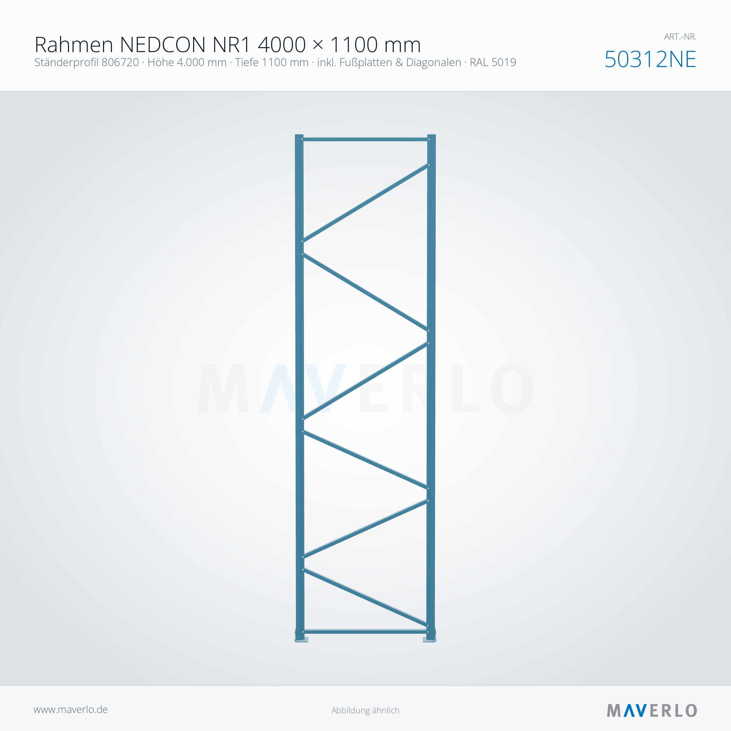 Palettenregal-Rahmen NEDCON NR1 4000 x 1100 mm, Ständer 806720, RAL 5019, Art.-Nr. 50312NE (Queransicht)