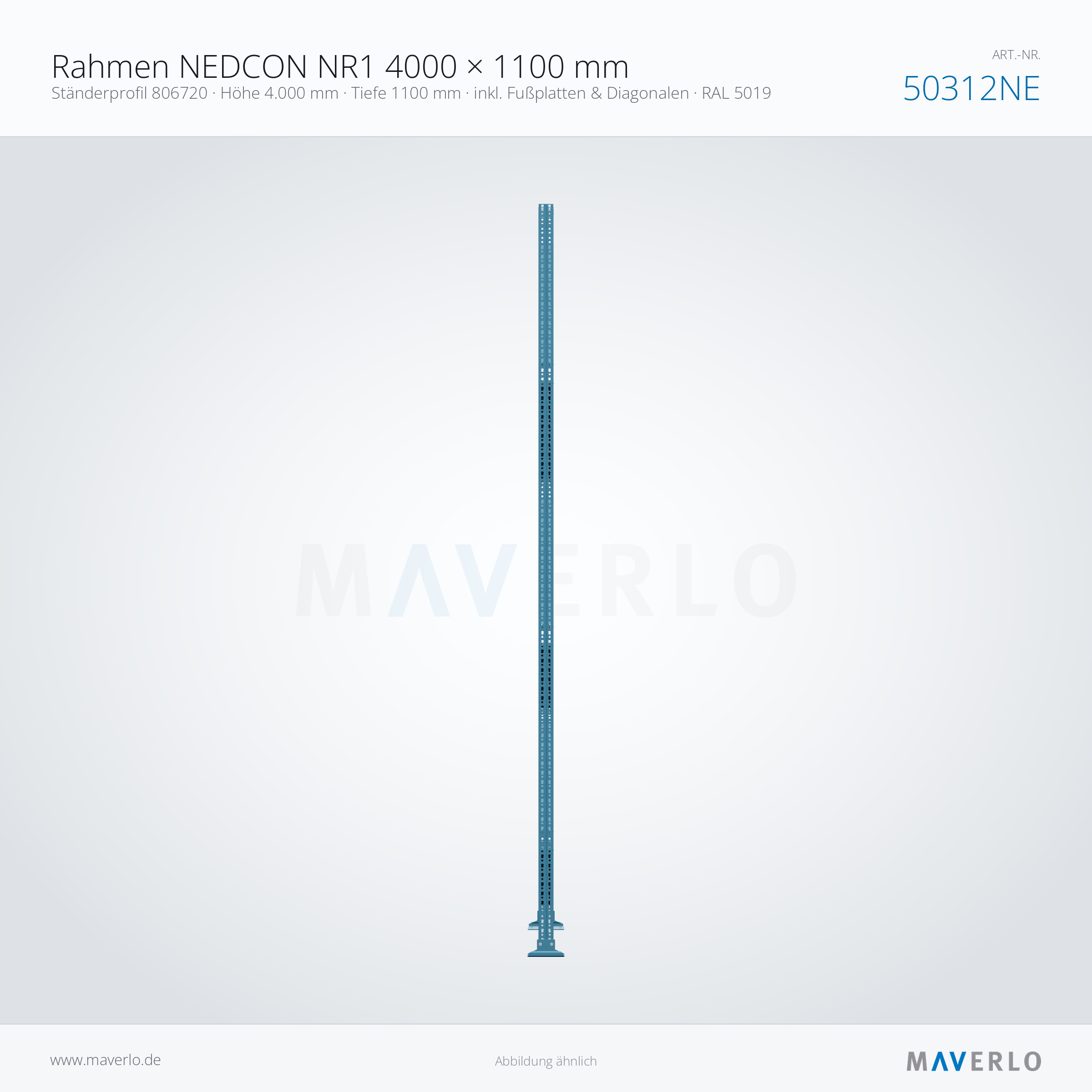 Palettenregal-Rahmen NEDCON NR1 4000 x 1100 mm, Ständer 806720, RAL 5019, Art.-Nr. 50312NE (Seitenansicht)