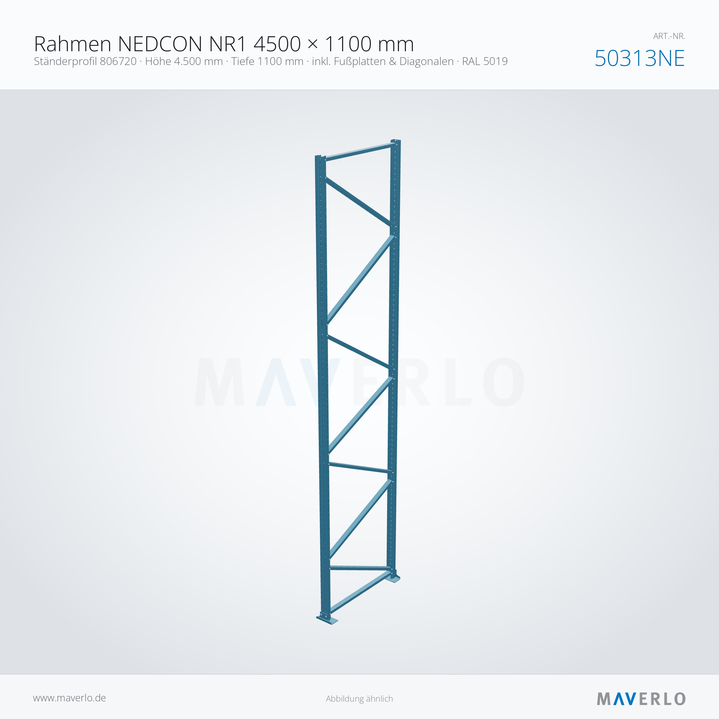 Palettenregal-Rahmen NEDCON NR1 4500 x 1100 mm, Ständer 806720, RAL 5019, Art.-Nr. 50313NE (Perspektive)