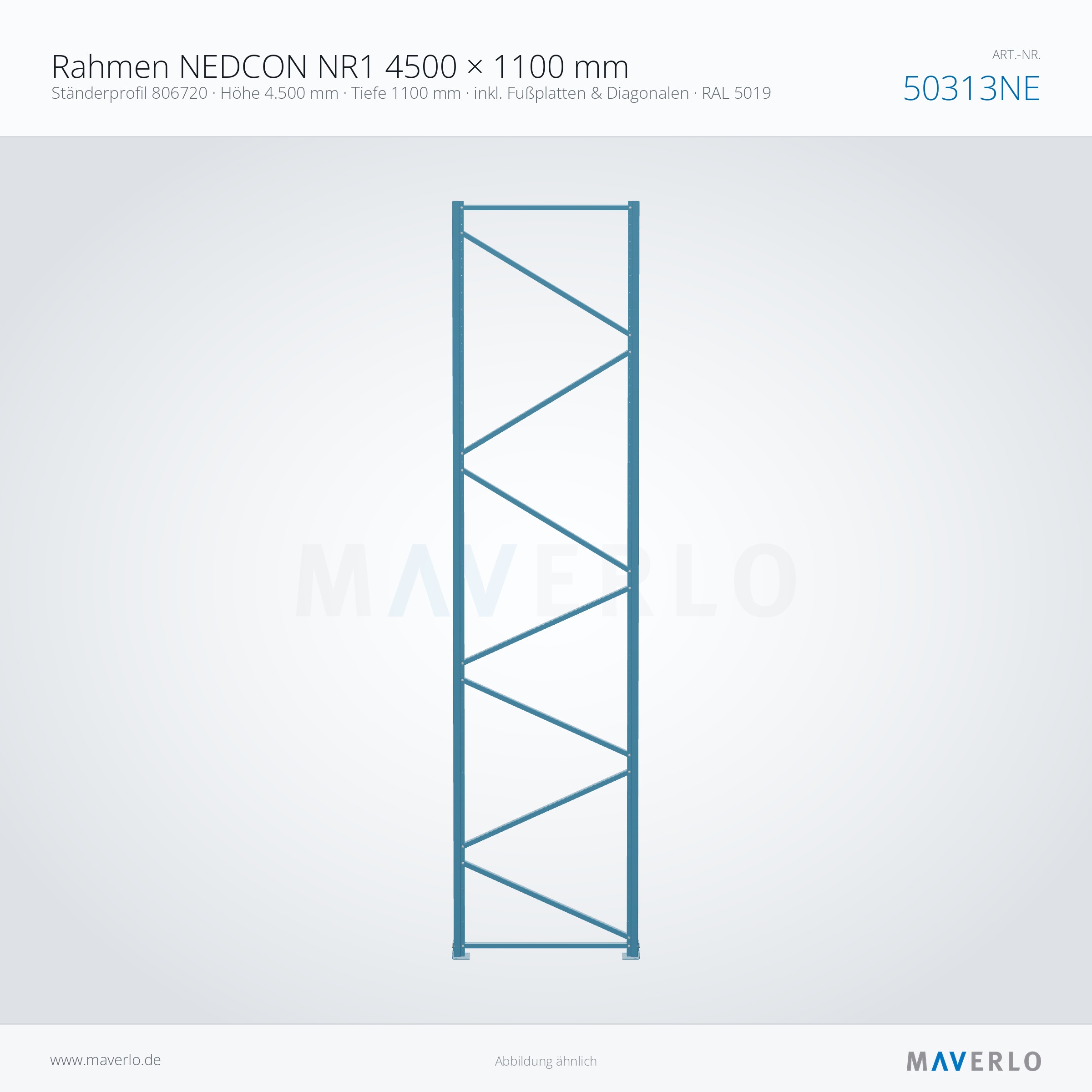 Palettenregal-Rahmen NEDCON NR1 4500 x 1100 mm, Ständer 806720, RAL 5019, Art.-Nr. 50313NE (Queransicht)