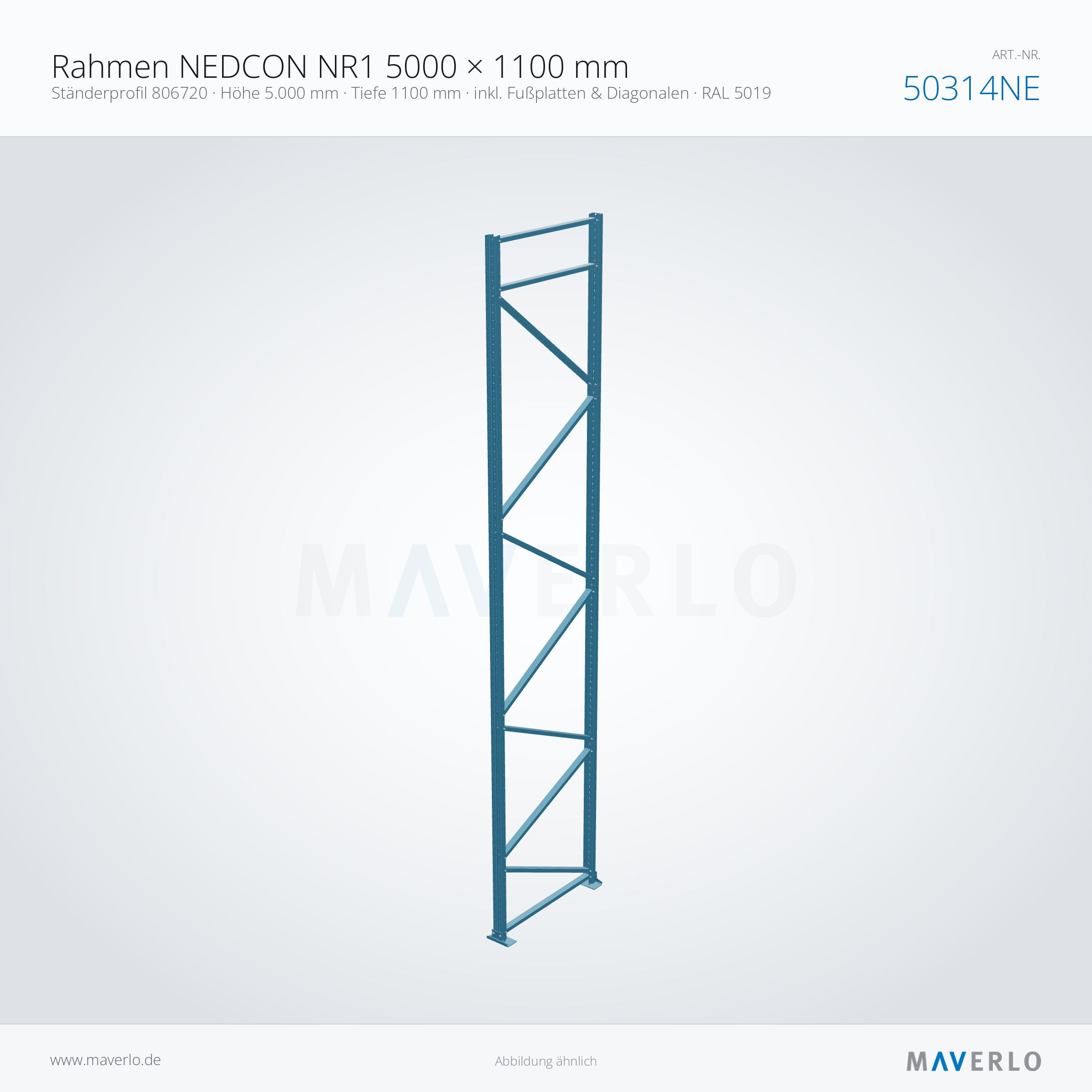 Palettenregal-Rahmen NEDCON NR1 5000 x 1100 mm, Ständer 806720, RAL 5019, Art.-Nr. 50314NE (Perspektive)