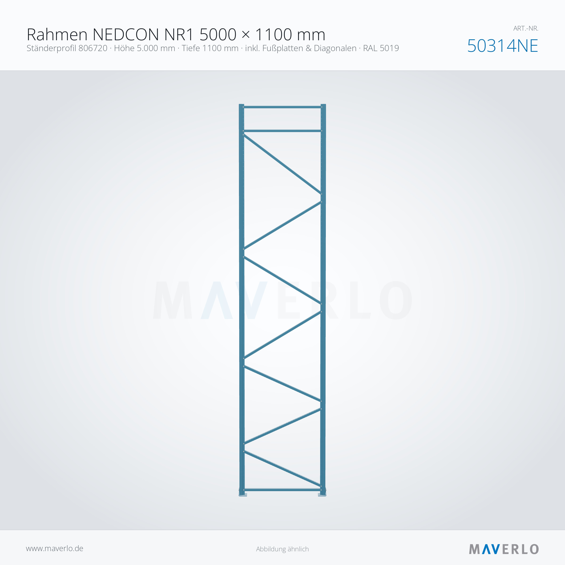 Palettenregal-Rahmen NEDCON NR1 5000 x 1100 mm, Ständer 806720, RAL 5019, Art.-Nr. 50314NE (Queransicht)