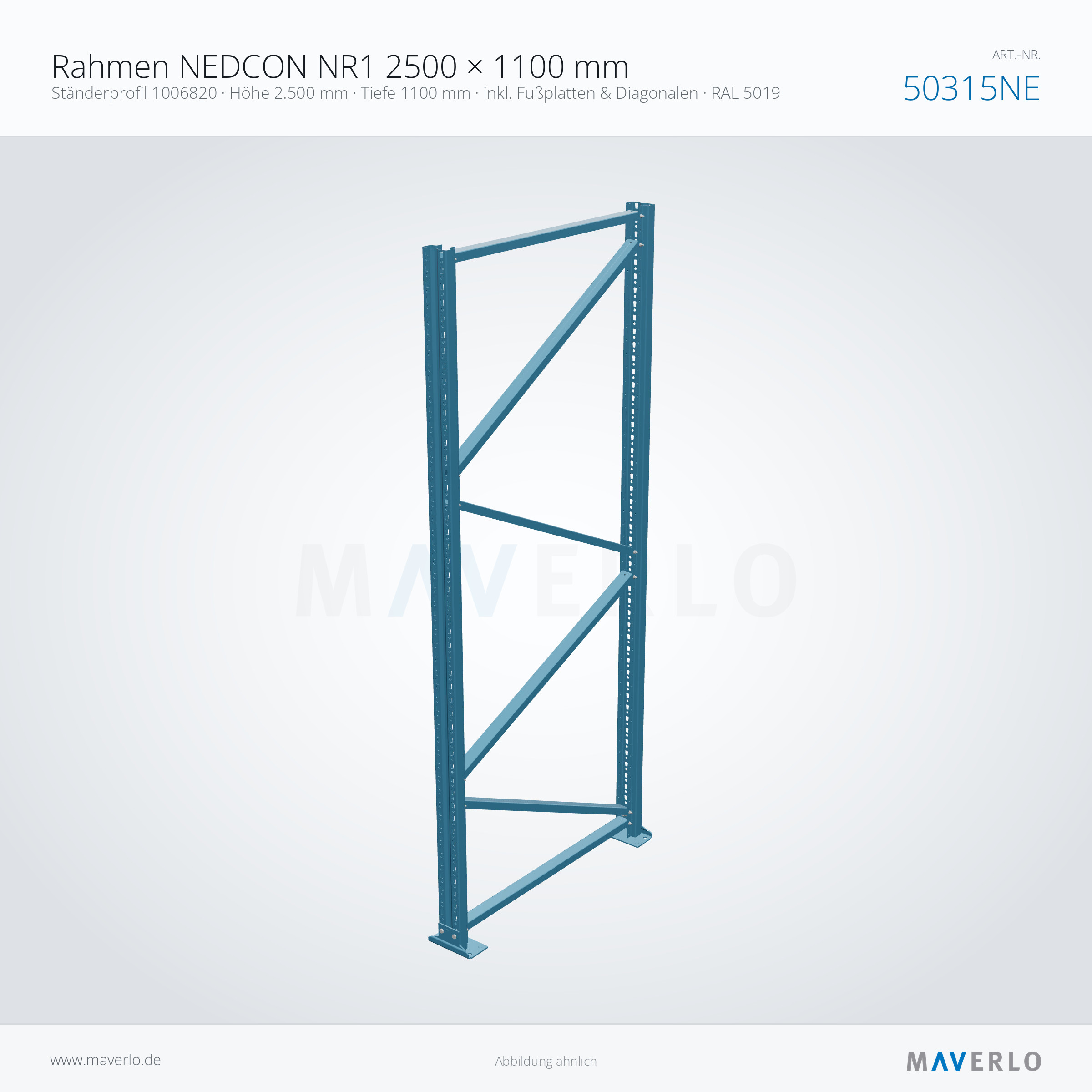 Palettenregal-Rahmen NEDCON NR1 2500 x 1100 mm, Ständer 1006820, RAL 5019, Art.-Nr. 50315NE (Perspektive)