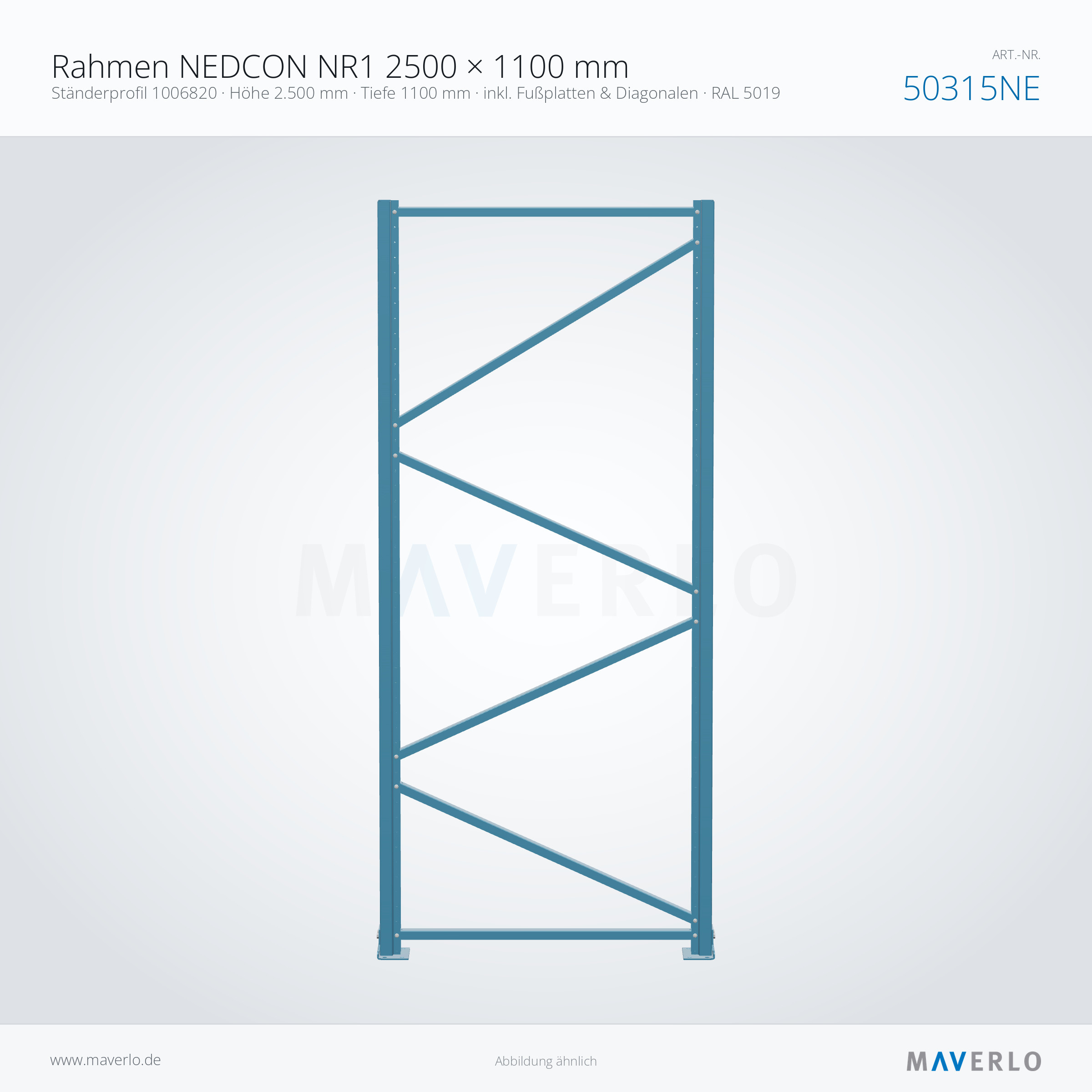 Palettenregal-Rahmen NEDCON NR1 2500 x 1100 mm, Ständer 1006820, RAL 5019, Art.-Nr. 50315NE (Queransicht)