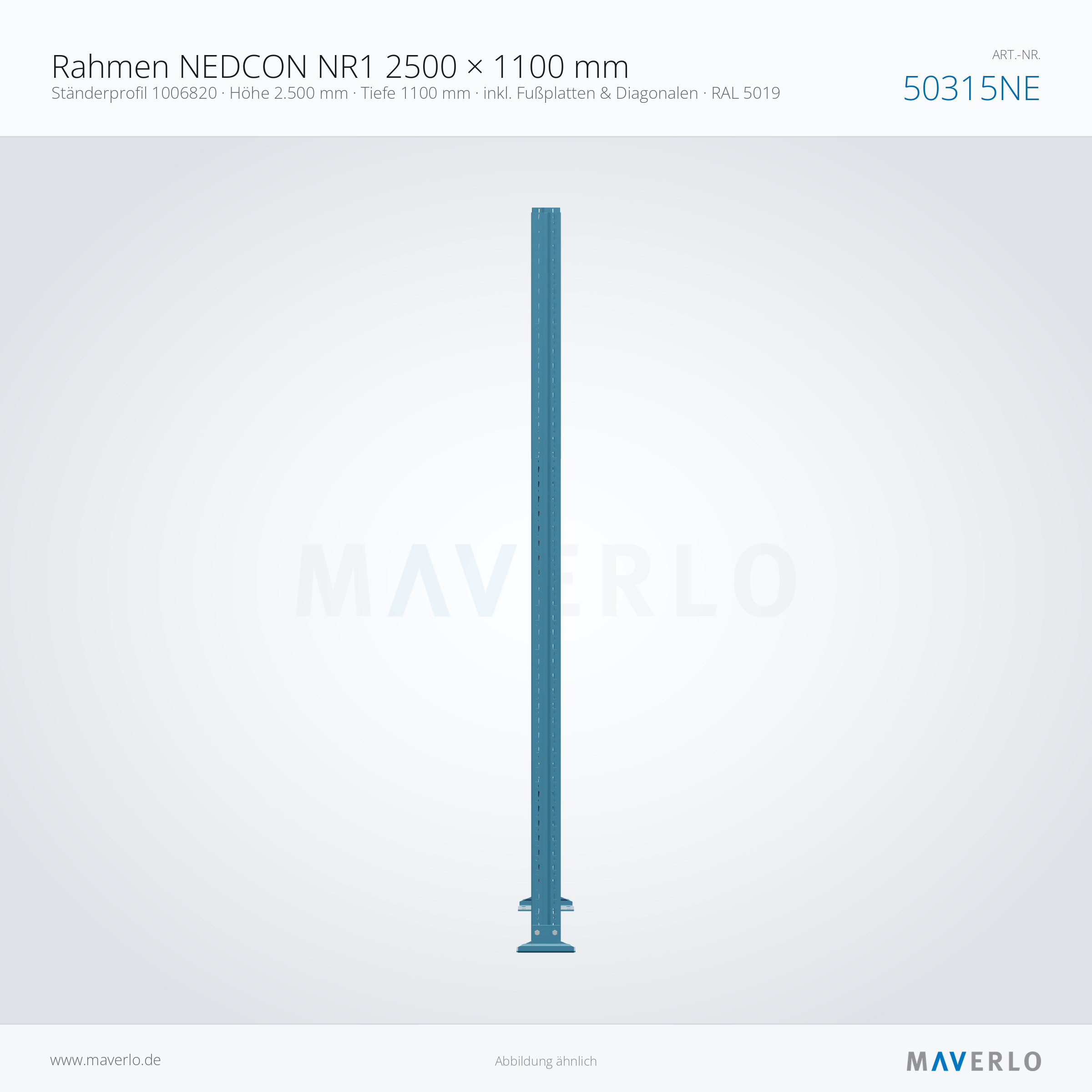 Palettenregal-Rahmen NEDCON NR1 2500 x 1100 mm, Ständer 1006820, RAL 5019, Art.-Nr. 50315NE (Seitenansicht)