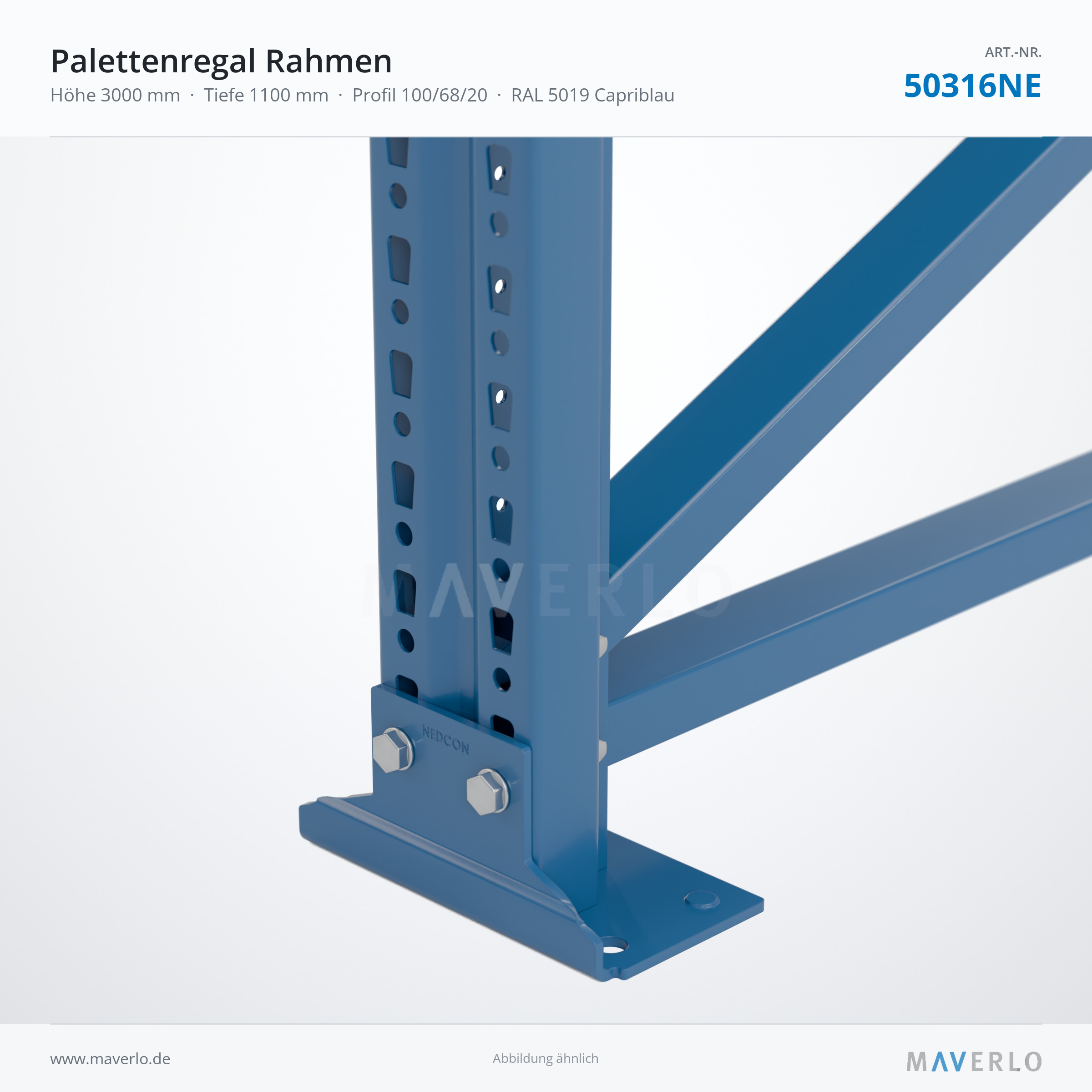 Palettenregal-Rahmen NEDCON NR1 3000 x 1100 mm, Ständer 1006820, RAL 5019 – NEDCON NR1 Palettenregal, Art.-Nr. 50316NE (Detailansicht)