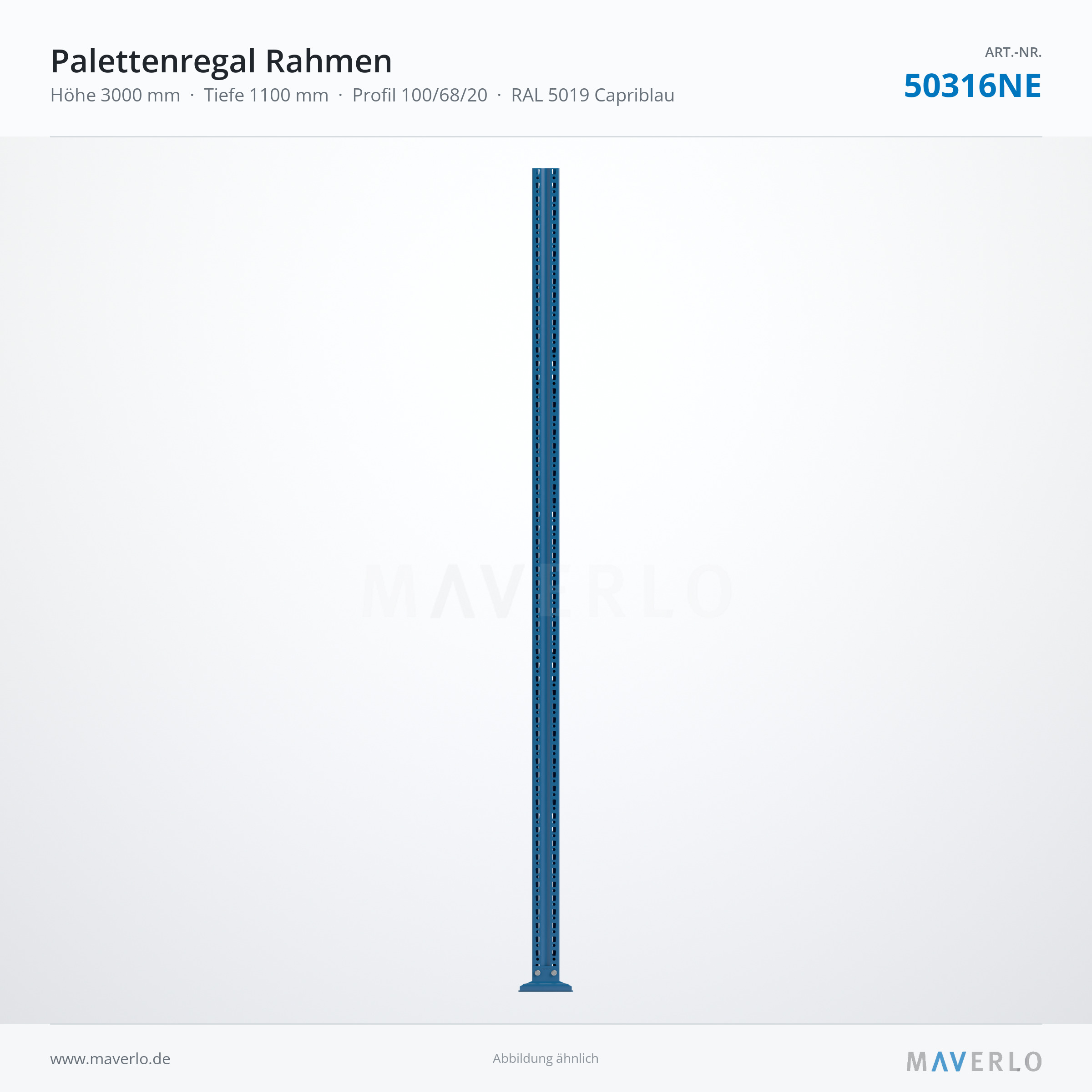 Palettenregal-Rahmen NEDCON NR1 3000 x 1100 mm, Ständer 1006820, RAL 5019 – NEDCON NR1 Palettenregal, Art.-Nr. 50316NE (Queransicht)