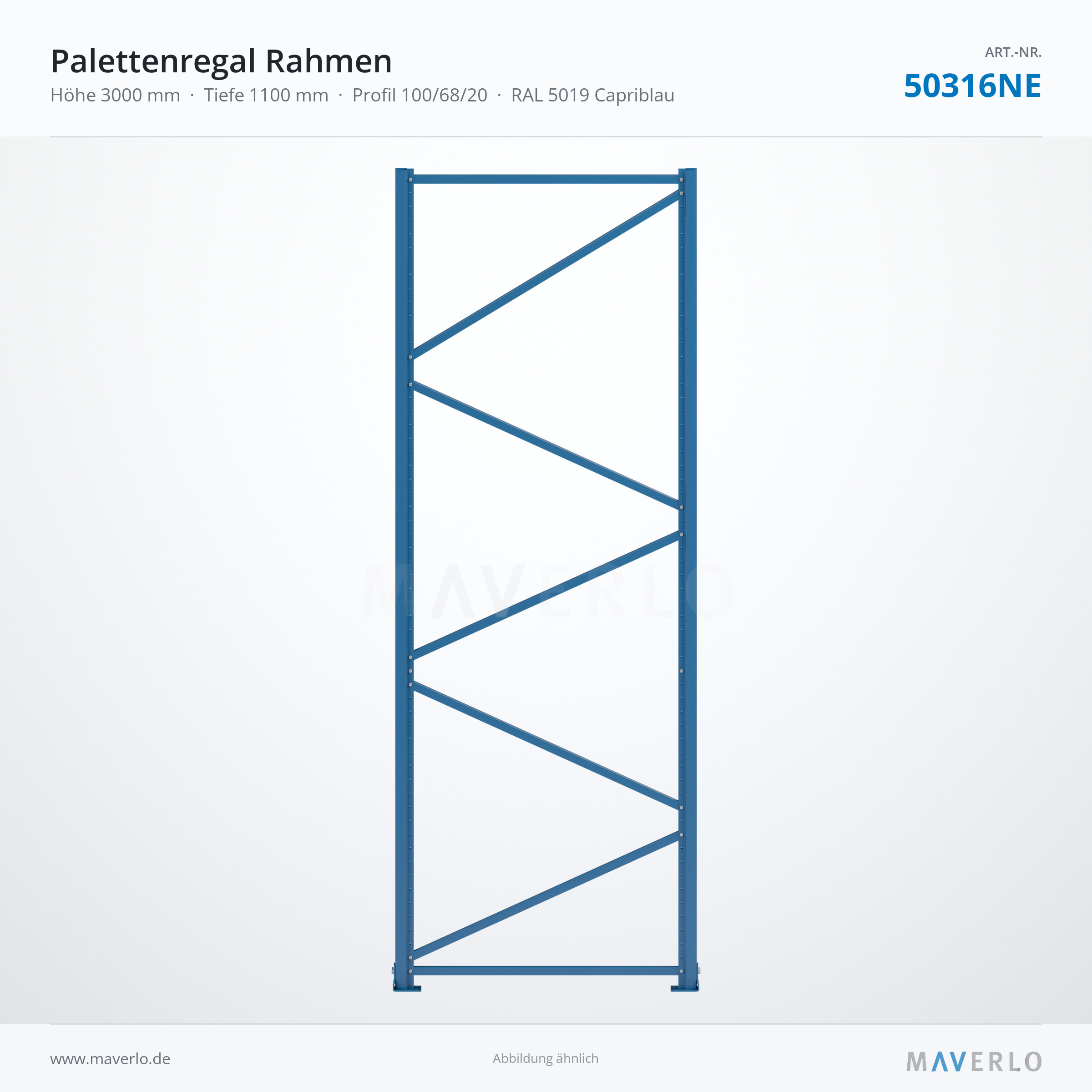 Palettenregal-Rahmen NEDCON NR1 3000 x 1100 mm, Ständer 1006820, RAL 5019 – NEDCON NR1 Palettenregal, Art.-Nr. 50316NE (Seitenansicht)