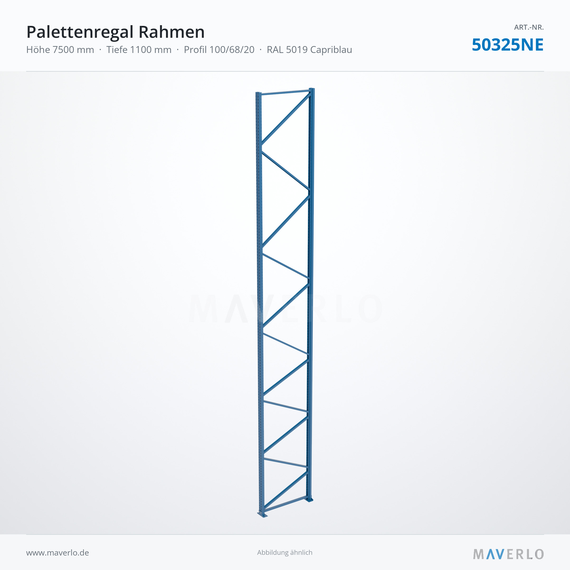 Palettenregal-Rahmen NEDCON NR1 7500 x 1100 mm, Ständer 1006820, RAL 5019 – NEDCON NR1 Palettenregal, Art.-Nr. 50325NE (Perspektive)