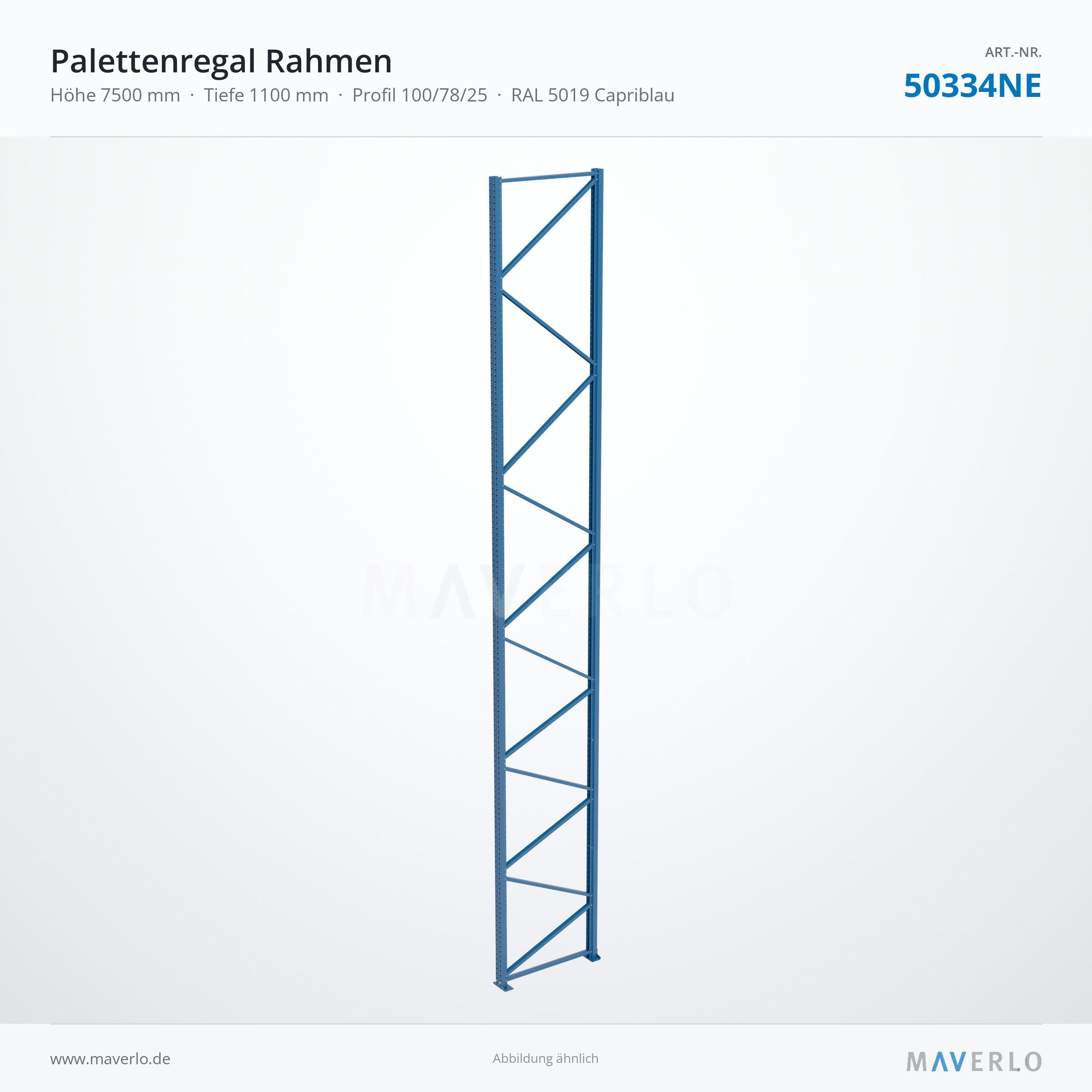 Palettenregal-Rahmen NEDCON NR1 7500 x 1100 mm, Ständer 1007825, RAL 5019 – NEDCON NR1 Palettenregal, Art.-Nr. 50334NE (Perspektive)
