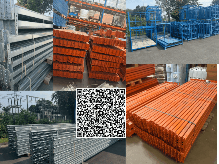 Gebrauchte Lagertechnik, darunter Palettenregale, Traversen von Nedcon und Mecalux, Corletten, Anfahrschutze für Palettenregale, sowie Rahmen und Zubehör in einem modernen Lager bereit zur sofortigen Nutzung.