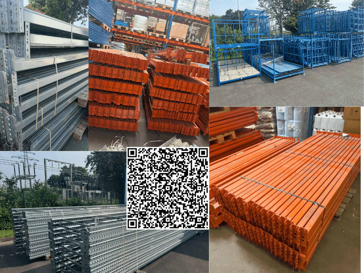 Gebrauchte Lagertechnik, darunter Palettenregale, Traversen von Nedcon und Mecalux, Corletten, Anfahrschutze für Palettenregale, sowie Rahmen und Zubehör in einem modernen Lager bereit zur sofortigen Nutzung.