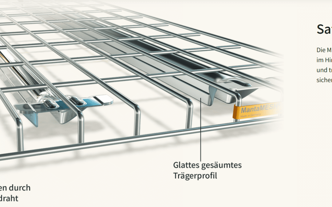 Gitterboden Mantamesh als Einlegeboden für Palettenregale, 70% offene Fläche für optimalen Brandschutz und sichere Lagerung von Waren.