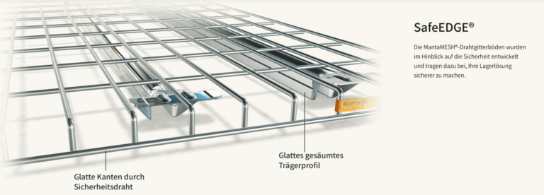 Gitterboden Mantamesh als Einlegeboden für Palettenregale, 70% offene Fläche für optimalen Brandschutz und sichere Lagerung von Waren.