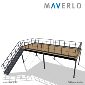 Lagerbühne 10.000 mm x 4.000 mm, Traglast 750 kg/m², Vorteile wie optimale Raumnutzung, hohe Tragfähigkeit, robust und langlebig, einfache Installation.