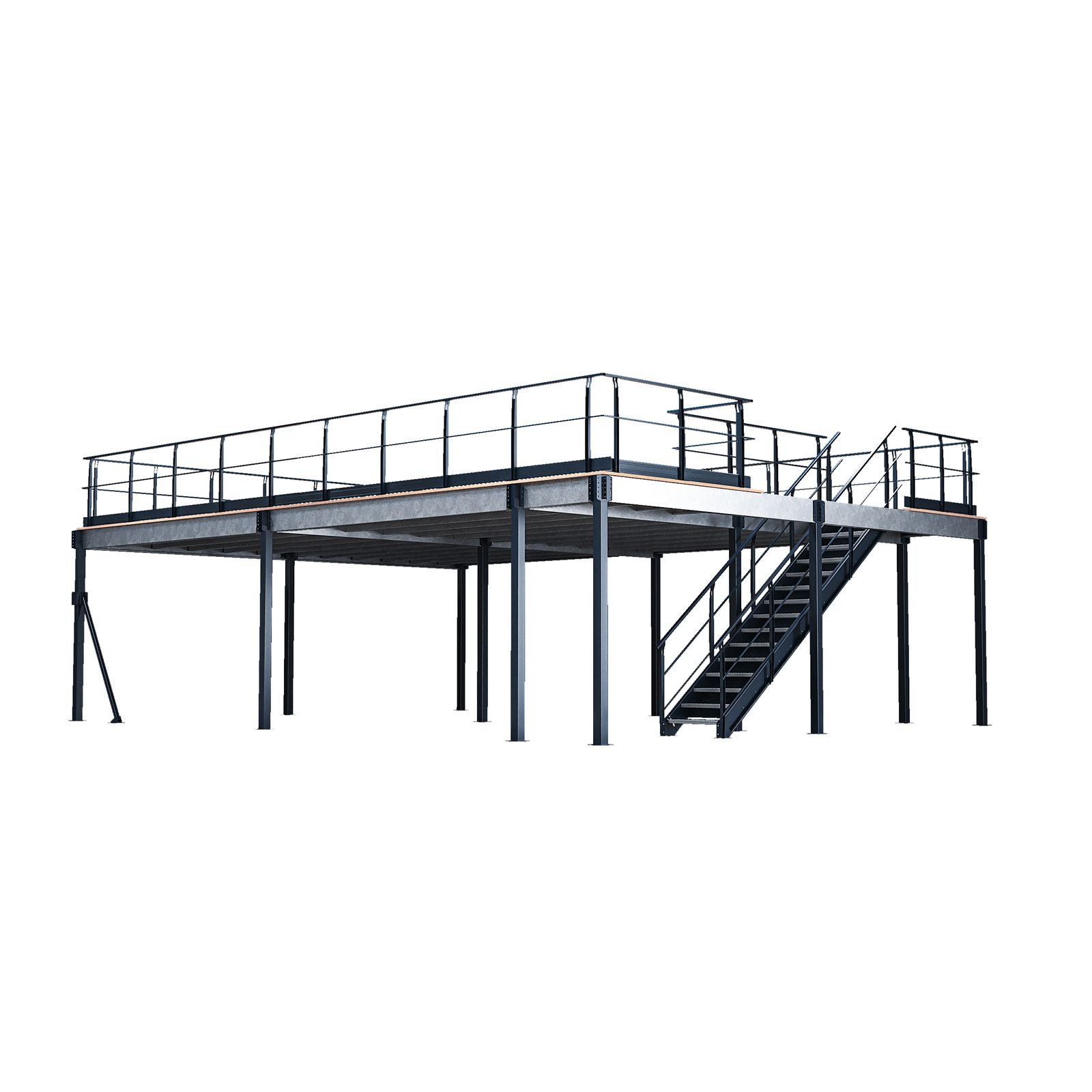 Lagerbühne mit Treppe und Geländer in 3D-Ansicht, Stahlkonstruktion mit Holzbelag von MAVERLO