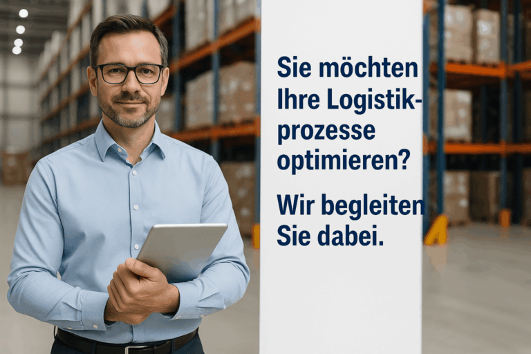Lagerleiter mit Tablet vor Regalsystem – Text: Sie möchten Ihre Logistikprozesse optimieren? Wir begleiten Sie dabei.