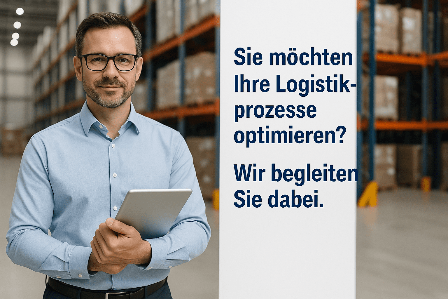 Lagerleiter mit Tablet vor Regalsystem – Text: Sie möchten Ihre Logistikprozesse optimieren? Wir begleiten Sie dabei.