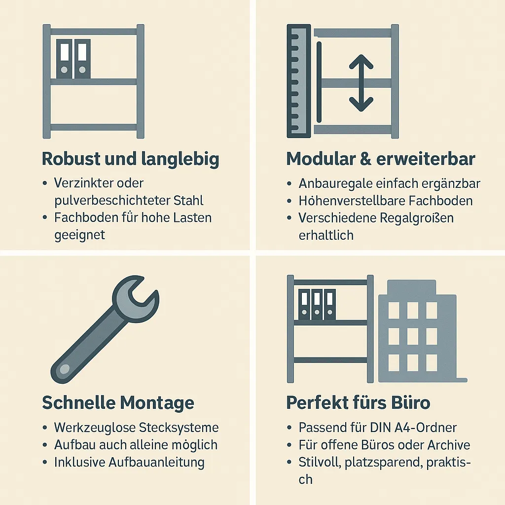Infografik zu MAVERLO Ordnerregalen mit vier Symbolen: robust und langlebig, modular und erweiterbar, schnelle Montage und perfekt fürs Büro
