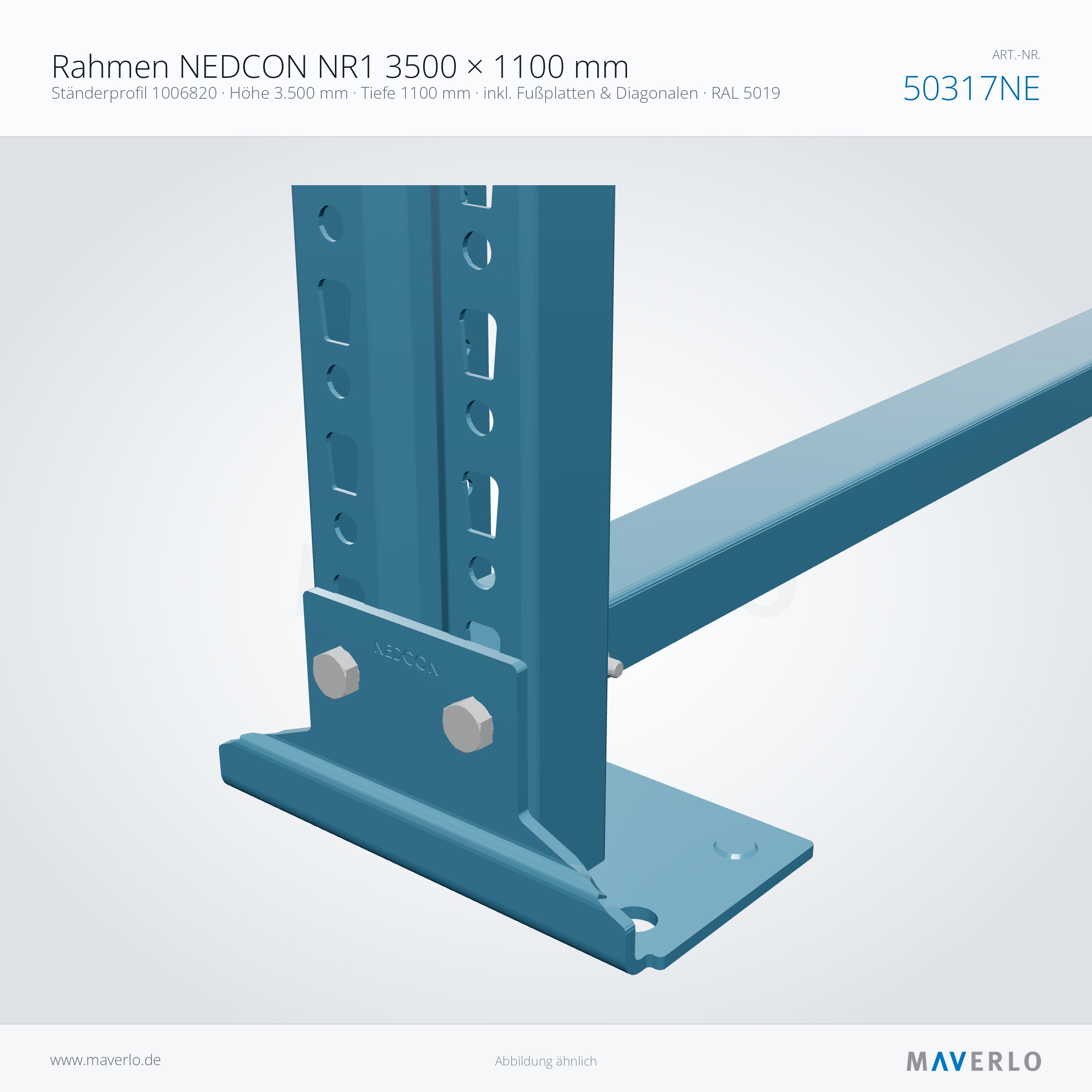 Rahmen NEDCON NR1 3500 × 1100 mm – Ständerprofil 1006820 · Höhe 3.500 mm · Tiefe 1100 mm · inkl. Fußplatten & Diagonalen · RAL 5019 – NEDCON NR1 Palettenregal, Art.-Nr. 50317NE (Detailansicht)