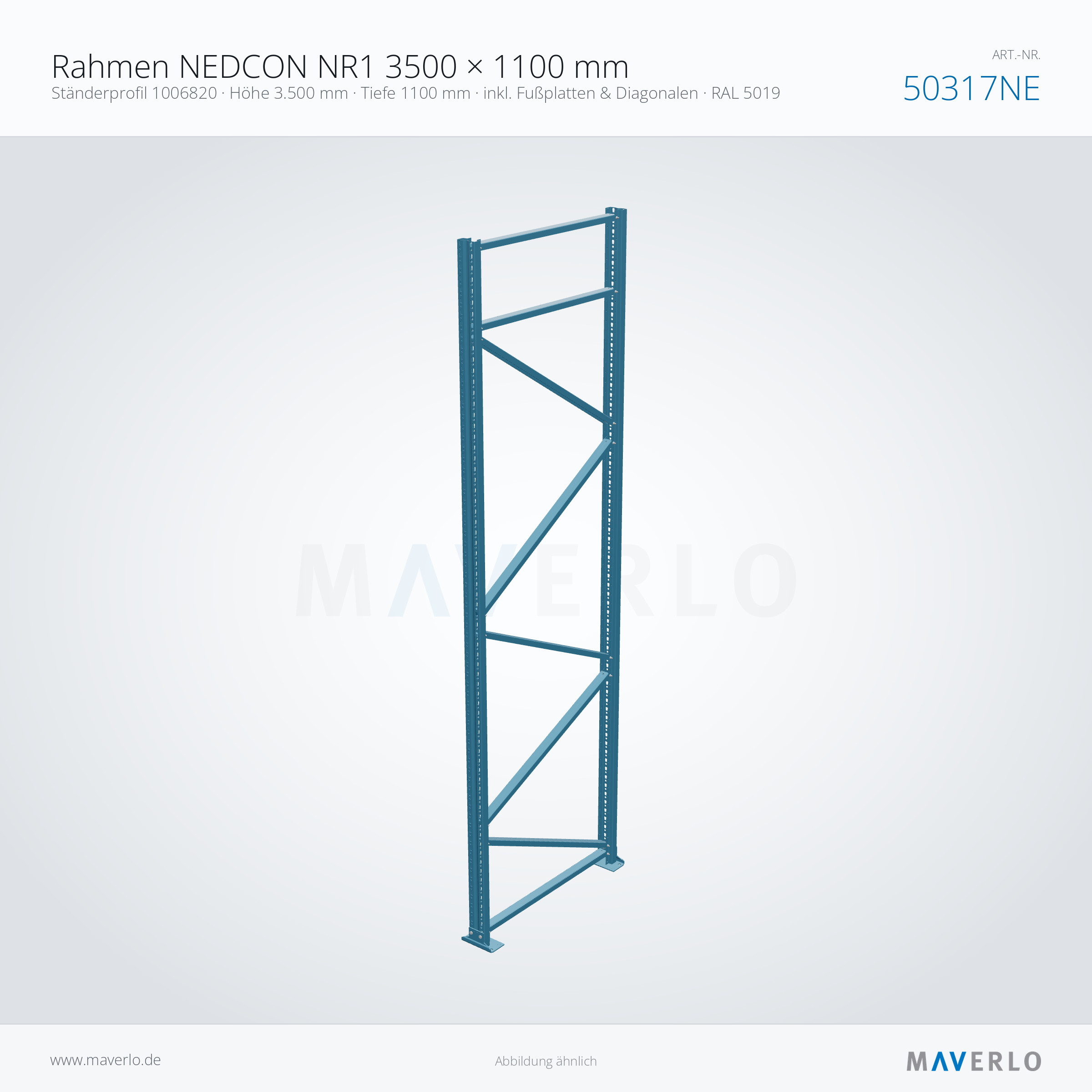 Rahmen NEDCON NR1 3500 × 1100 mm – Ständerprofil 1006820 · Höhe 3.500 mm · Tiefe 1100 mm · inkl. Fußplatten & Diagonalen · RAL 5019 – NEDCON NR1 Palettenregal, Art.-Nr. 50317NE (Perspektive)