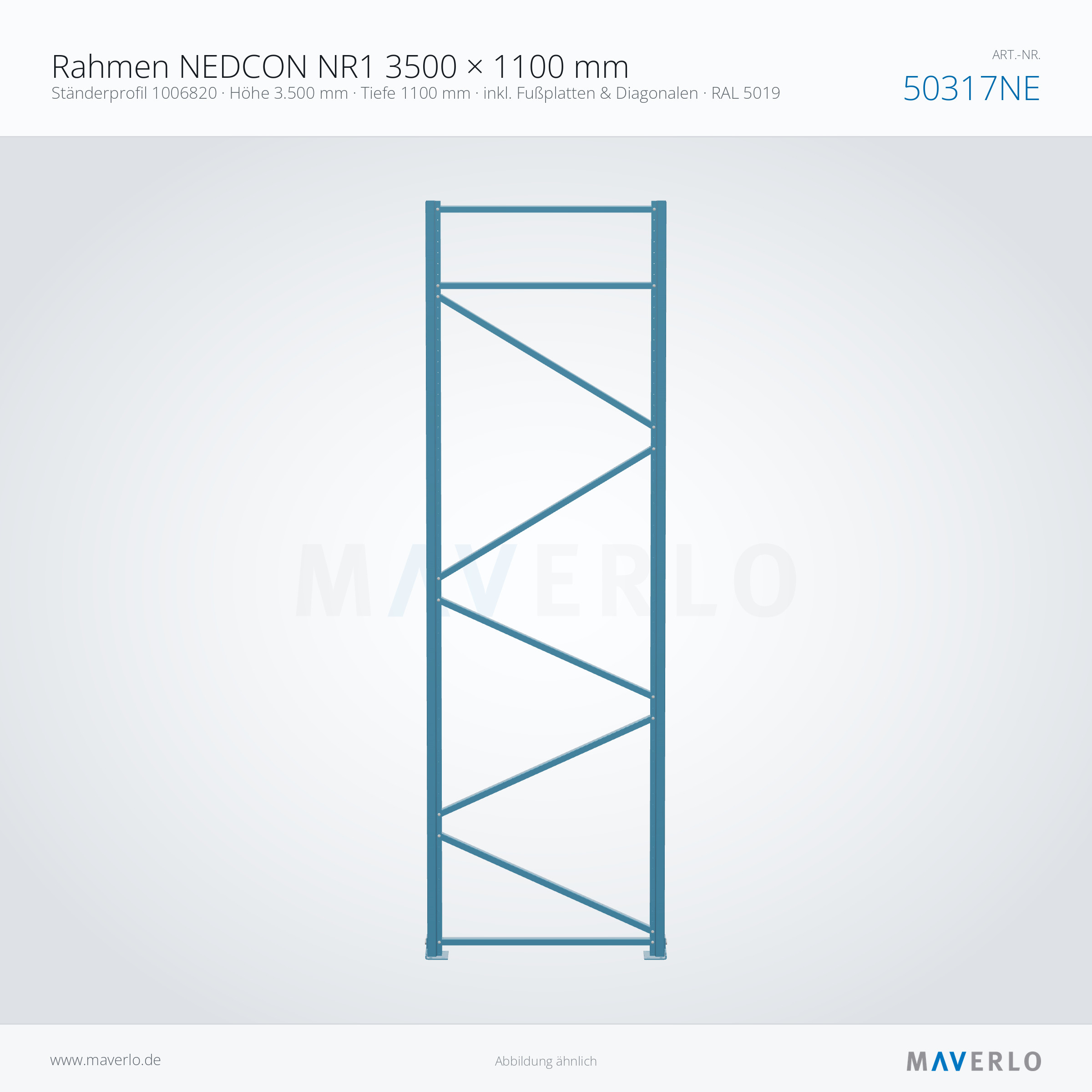 Rahmen NEDCON NR1 3500 × 1100 mm – Ständerprofil 1006820 · Höhe 3.500 mm · Tiefe 1100 mm · inkl. Fußplatten & Diagonalen · RAL 5019 – NEDCON NR1 Palettenregal, Art.-Nr. 50317NE (Queransicht)