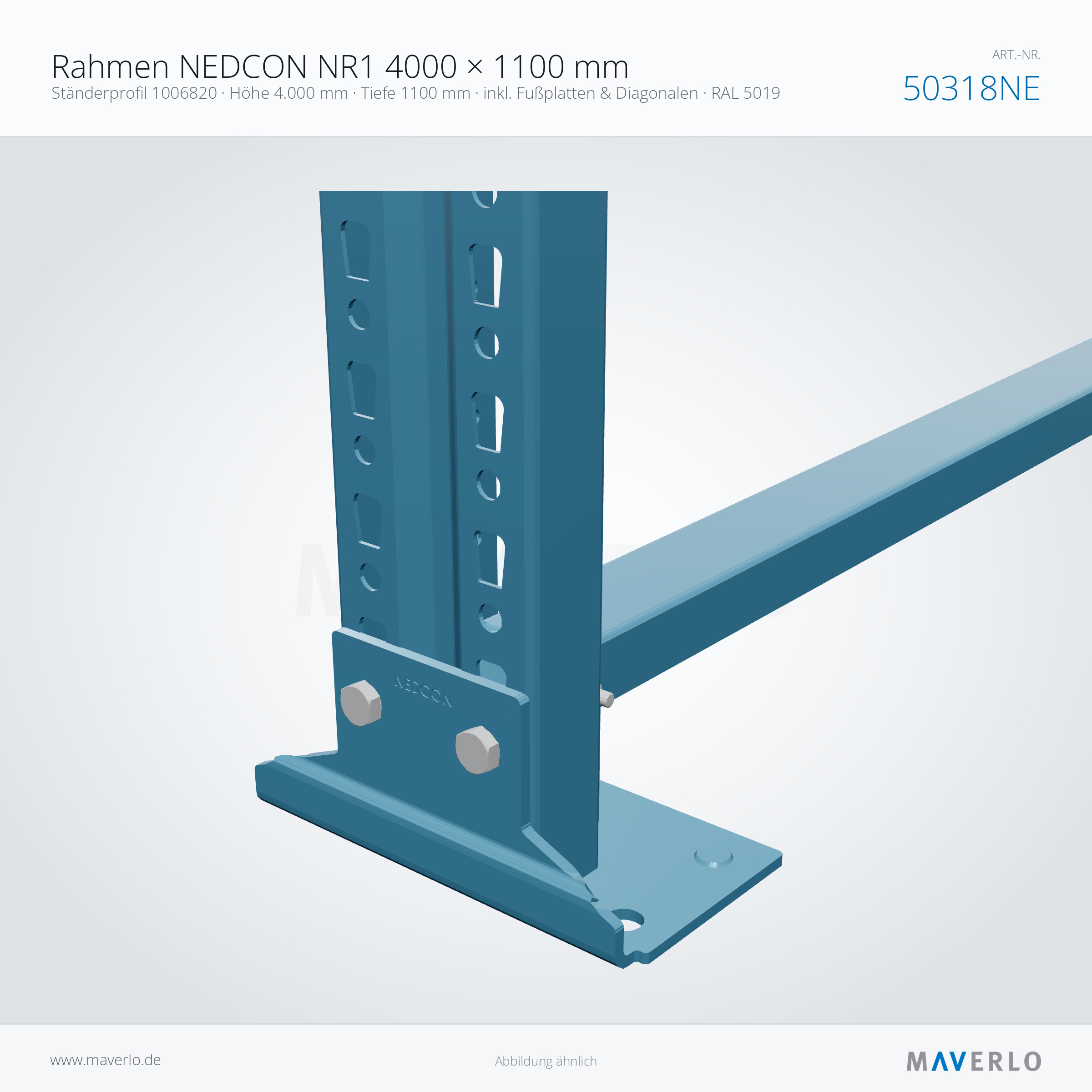 Rahmen NEDCON NR1 4000 × 1100 mm – Ständerprofil 1006820 · Höhe 4.000 mm · Tiefe 1100 mm · inkl. Fußplatten & Diagonalen · RAL 5019 – NEDCON NR1 Palettenregal, Art.-Nr. 50318NE (Detailansicht)