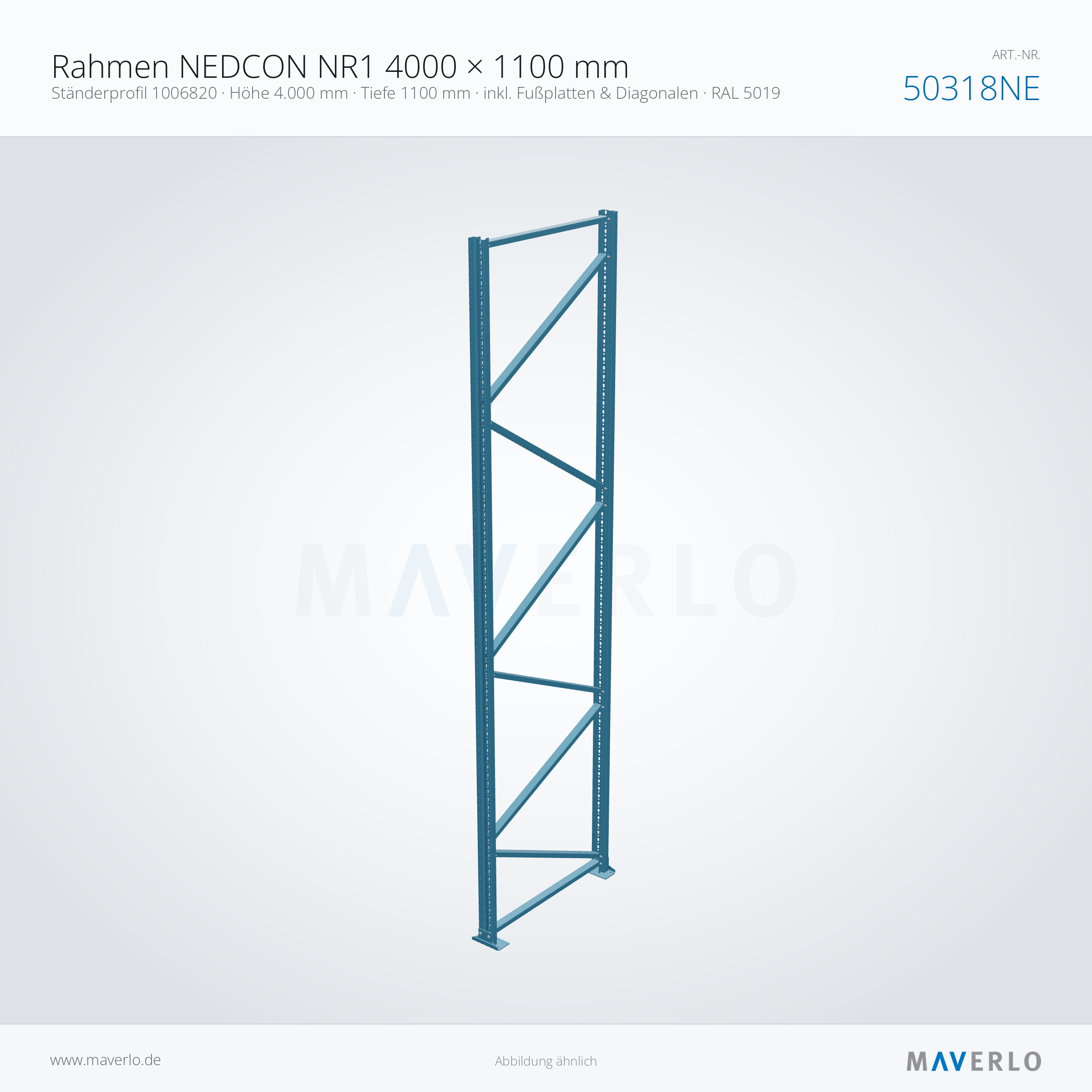 Rahmen NEDCON NR1 4000 × 1100 mm – Ständerprofil 1006820 · Höhe 4.000 mm · Tiefe 1100 mm · inkl. Fußplatten & Diagonalen · RAL 5019 – NEDCON NR1 Palettenregal, Art.-Nr. 50318NE (Perspektive)