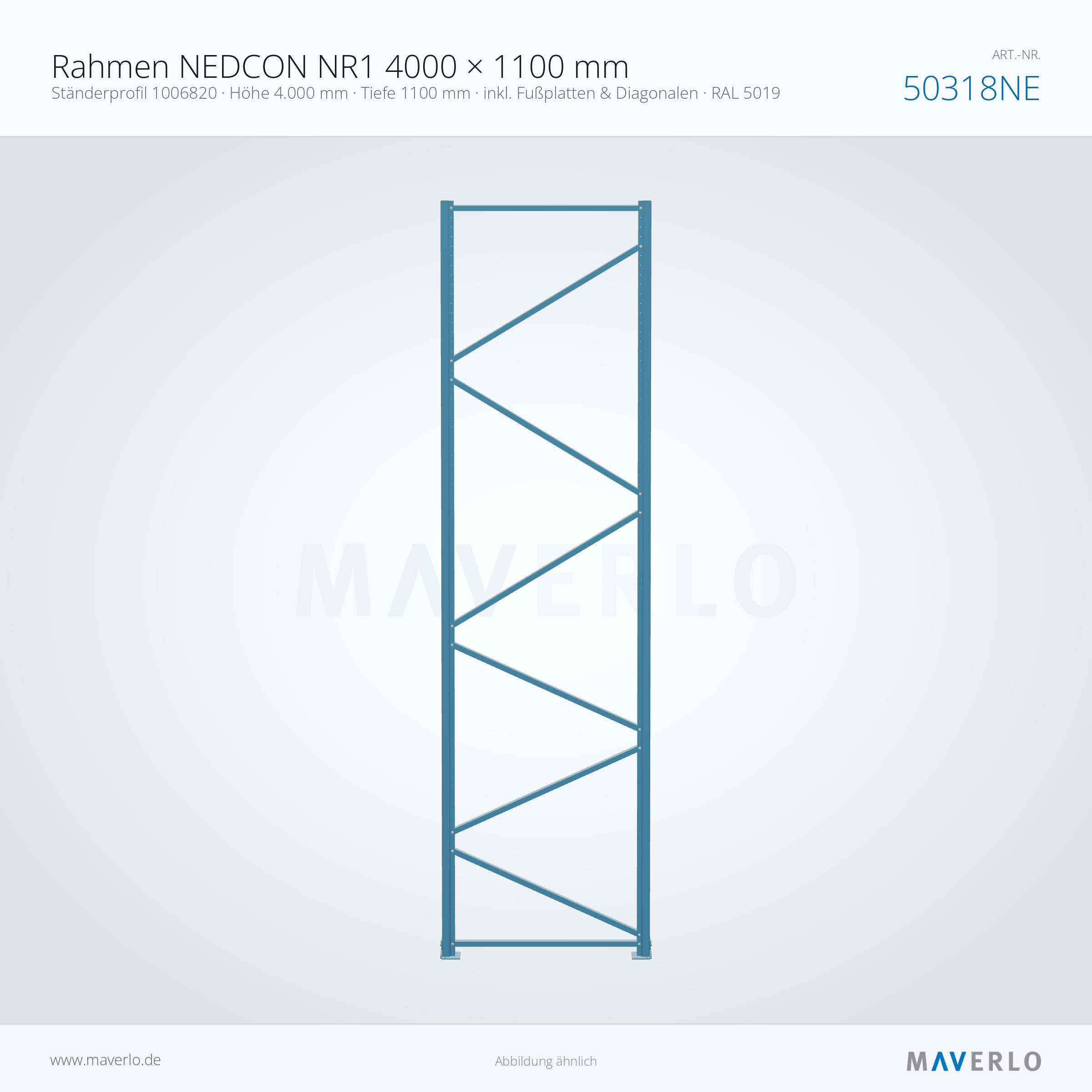 Rahmen NEDCON NR1 4000 × 1100 mm – Ständerprofil 1006820 · Höhe 4.000 mm · Tiefe 1100 mm · inkl. Fußplatten & Diagonalen · RAL 5019 – NEDCON NR1 Palettenregal, Art.-Nr. 50318NE (Queransicht)