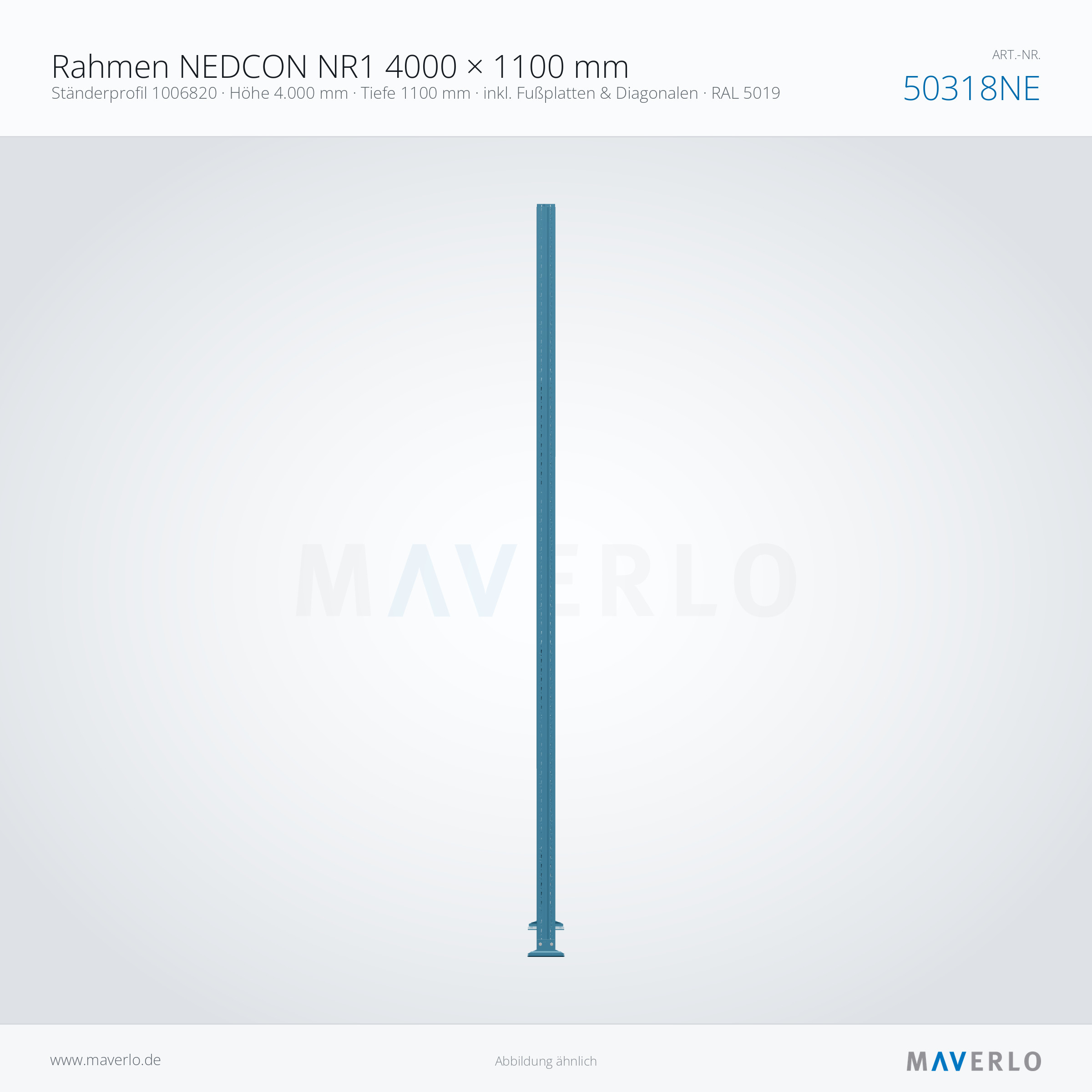 Rahmen NEDCON NR1 4000 × 1100 mm – Ständerprofil 1006820 · Höhe 4.000 mm · Tiefe 1100 mm · inkl. Fußplatten & Diagonalen · RAL 5019 – NEDCON NR1 Palettenregal, Art.-Nr. 50318NE (Seitenansicht)