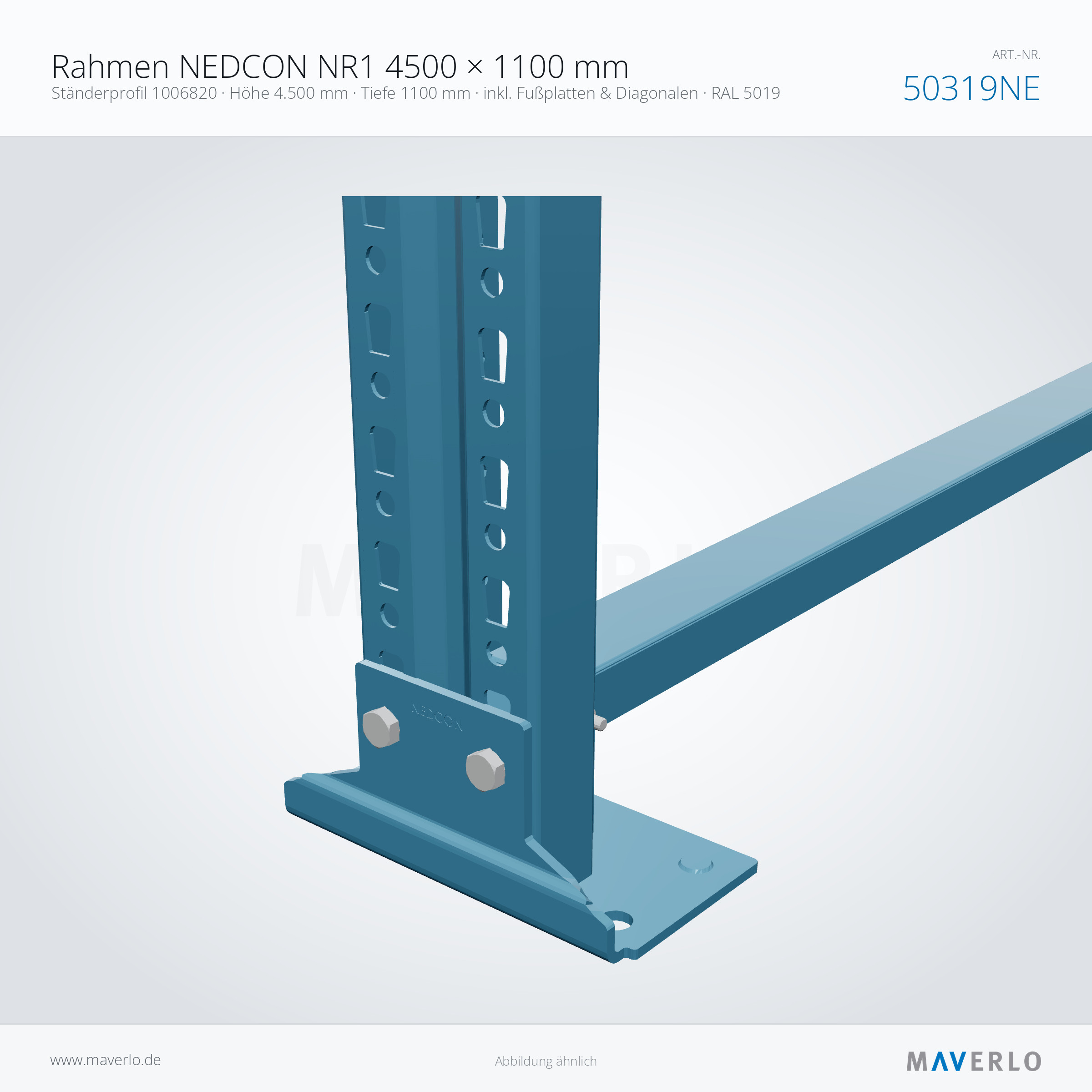 Rahmen NEDCON NR1 4500 × 1100 mm – Ständerprofil 1006820 · Höhe 4.500 mm · Tiefe 1100 mm · inkl. Fußplatten & Diagonalen · RAL 5019 – NEDCON NR1 Palettenregal, Art.-Nr. 50319NE (Detailansicht)