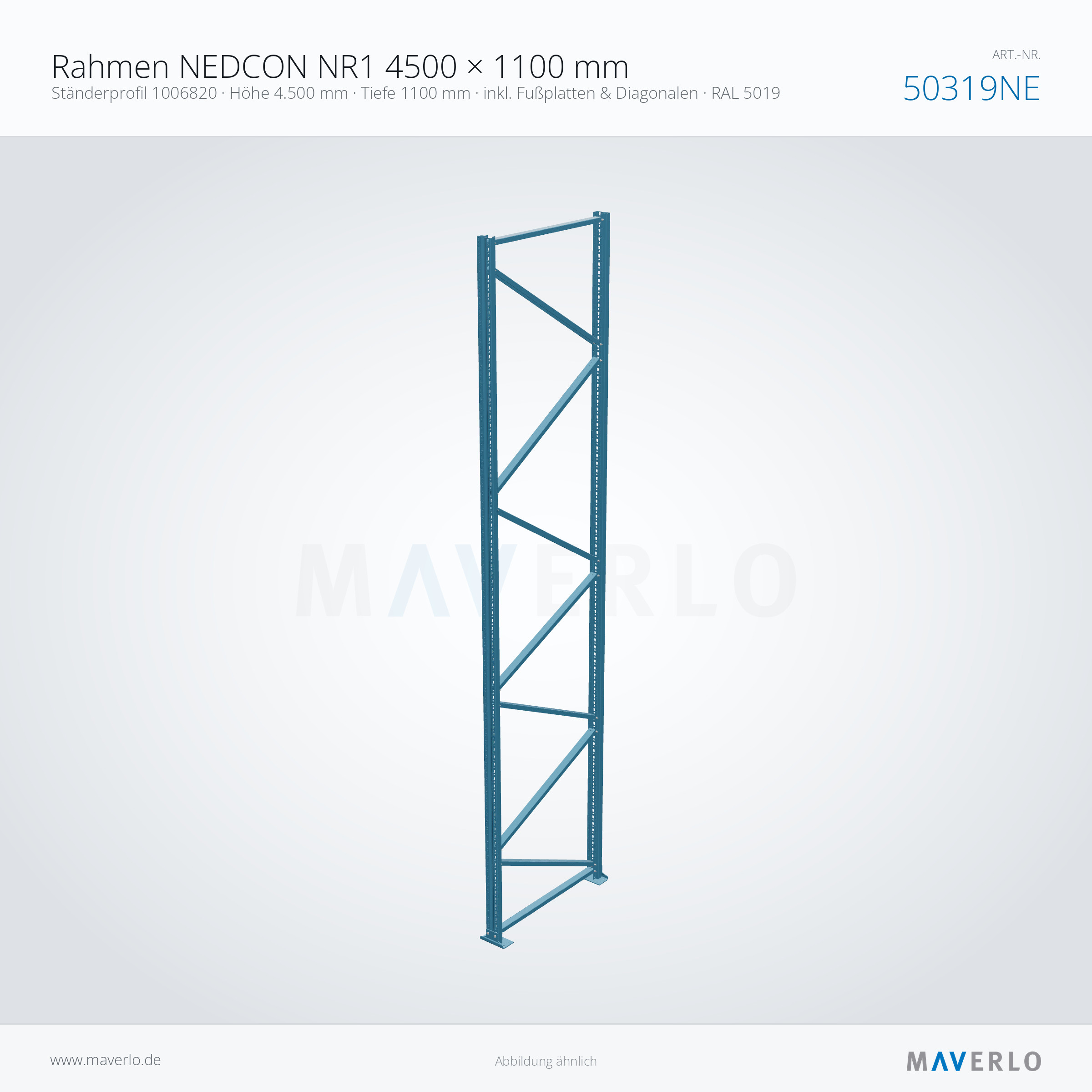 Rahmen NEDCON NR1 4500 × 1100 mm – Ständerprofil 1006820 · Höhe 4.500 mm · Tiefe 1100 mm · inkl. Fußplatten & Diagonalen · RAL 5019 – NEDCON NR1 Palettenregal, Art.-Nr. 50319NE (Perspektive)