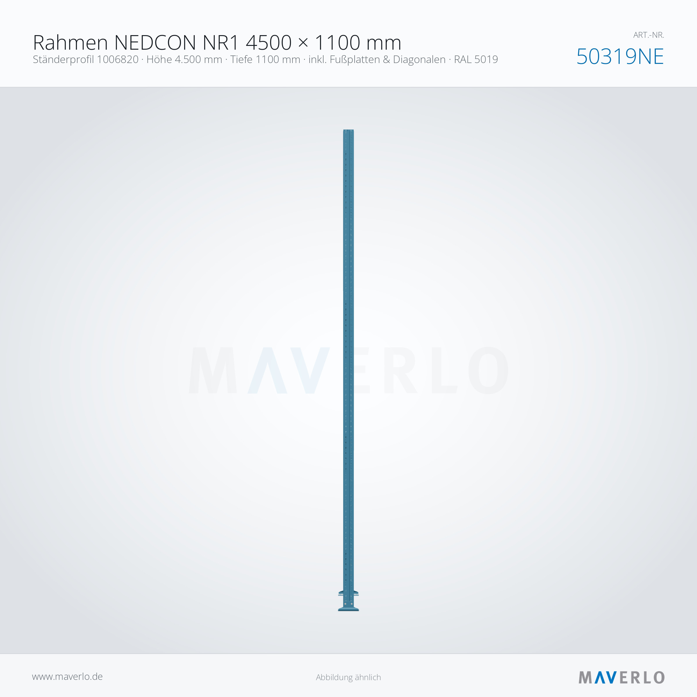 Rahmen NEDCON NR1 4500 × 1100 mm – Ständerprofil 1006820 · Höhe 4.500 mm · Tiefe 1100 mm · inkl. Fußplatten & Diagonalen · RAL 5019 – NEDCON NR1 Palettenregal, Art.-Nr. 50319NE (Seitenansicht)