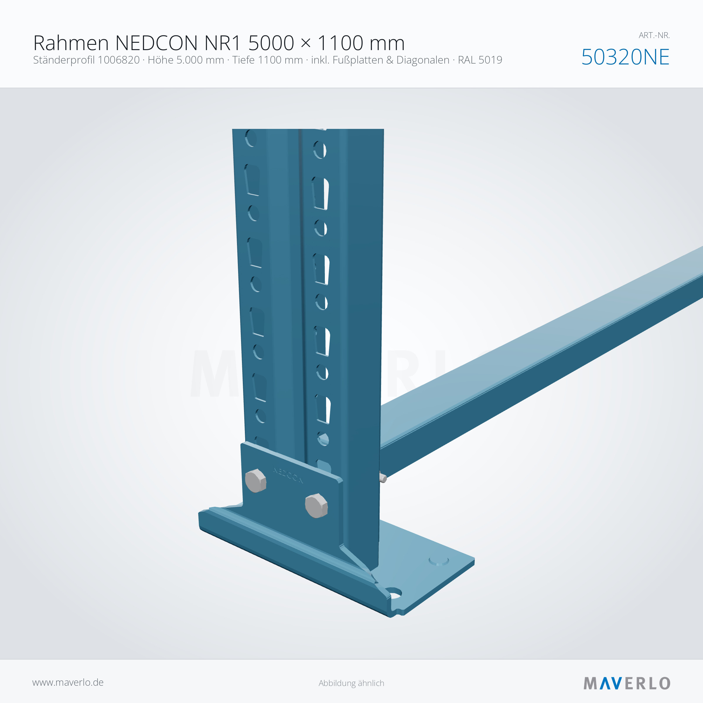 Rahmen NEDCON NR1 5000 × 1100 mm – Ständerprofil 1006820 · Höhe 5.000 mm · Tiefe 1100 mm · inkl. Fußplatten & Diagonalen · RAL 5019 – NEDCON NR1 Palettenregal, Art.-Nr. 50320NE (Detailansicht)