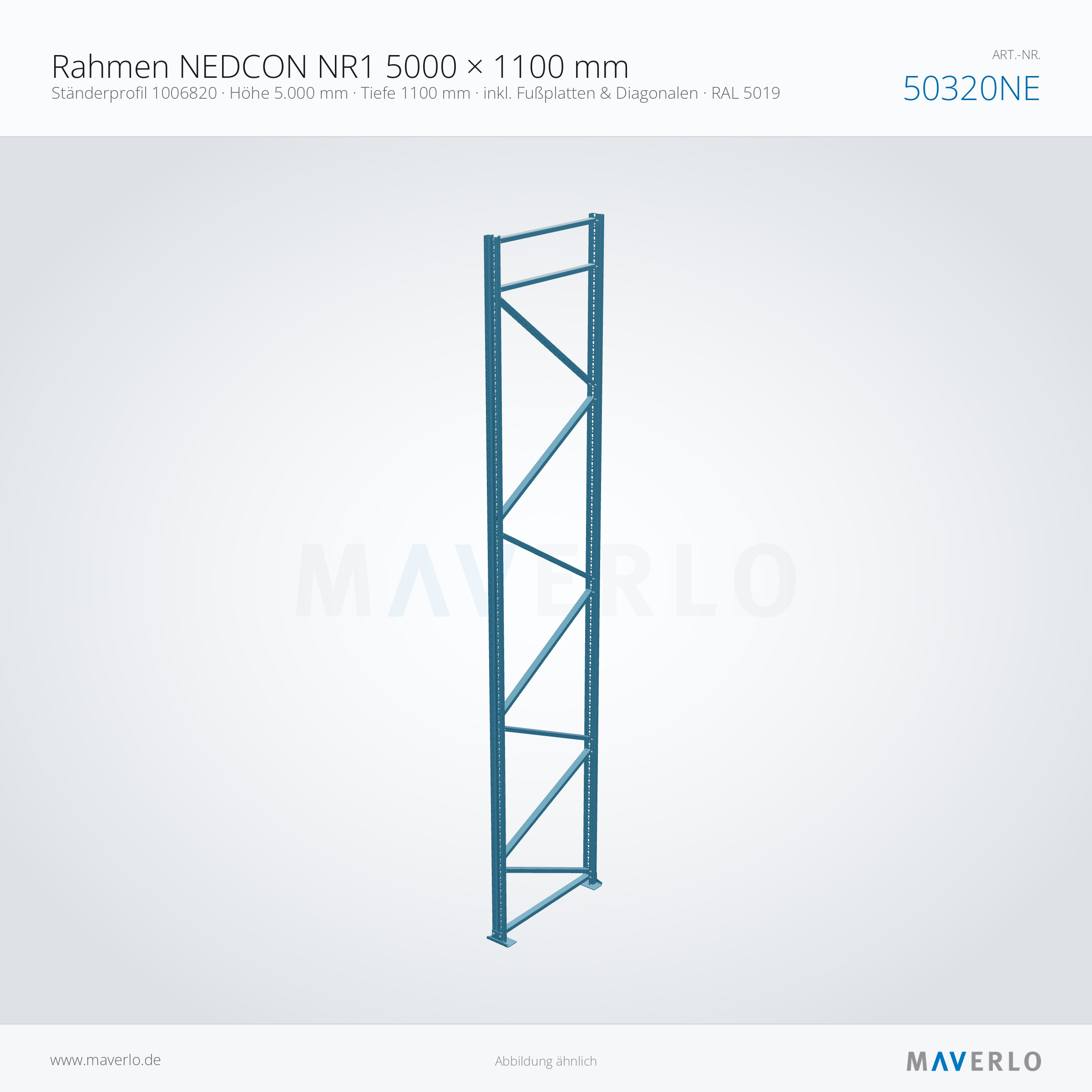 Rahmen NEDCON NR1 5000 × 1100 mm – Ständerprofil 1006820 · Höhe 5.000 mm · Tiefe 1100 mm · inkl. Fußplatten & Diagonalen · RAL 5019 – NEDCON NR1 Palettenregal, Art.-Nr. 50320NE (Perspektive)