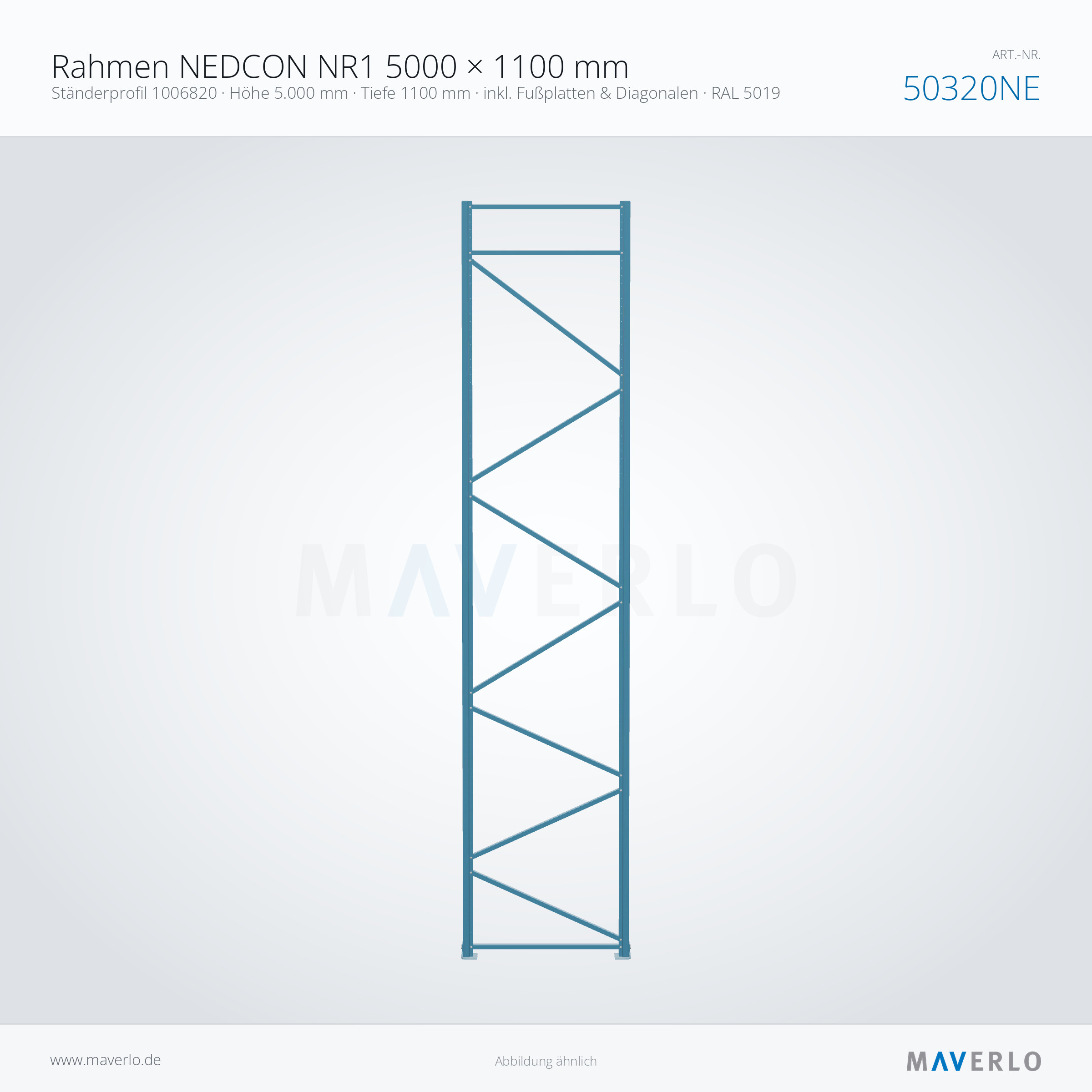 Rahmen NEDCON NR1 5000 × 1100 mm – Ständerprofil 1006820 · Höhe 5.000 mm · Tiefe 1100 mm · inkl. Fußplatten & Diagonalen · RAL 5019 – NEDCON NR1 Palettenregal, Art.-Nr. 50320NE (Queransicht)