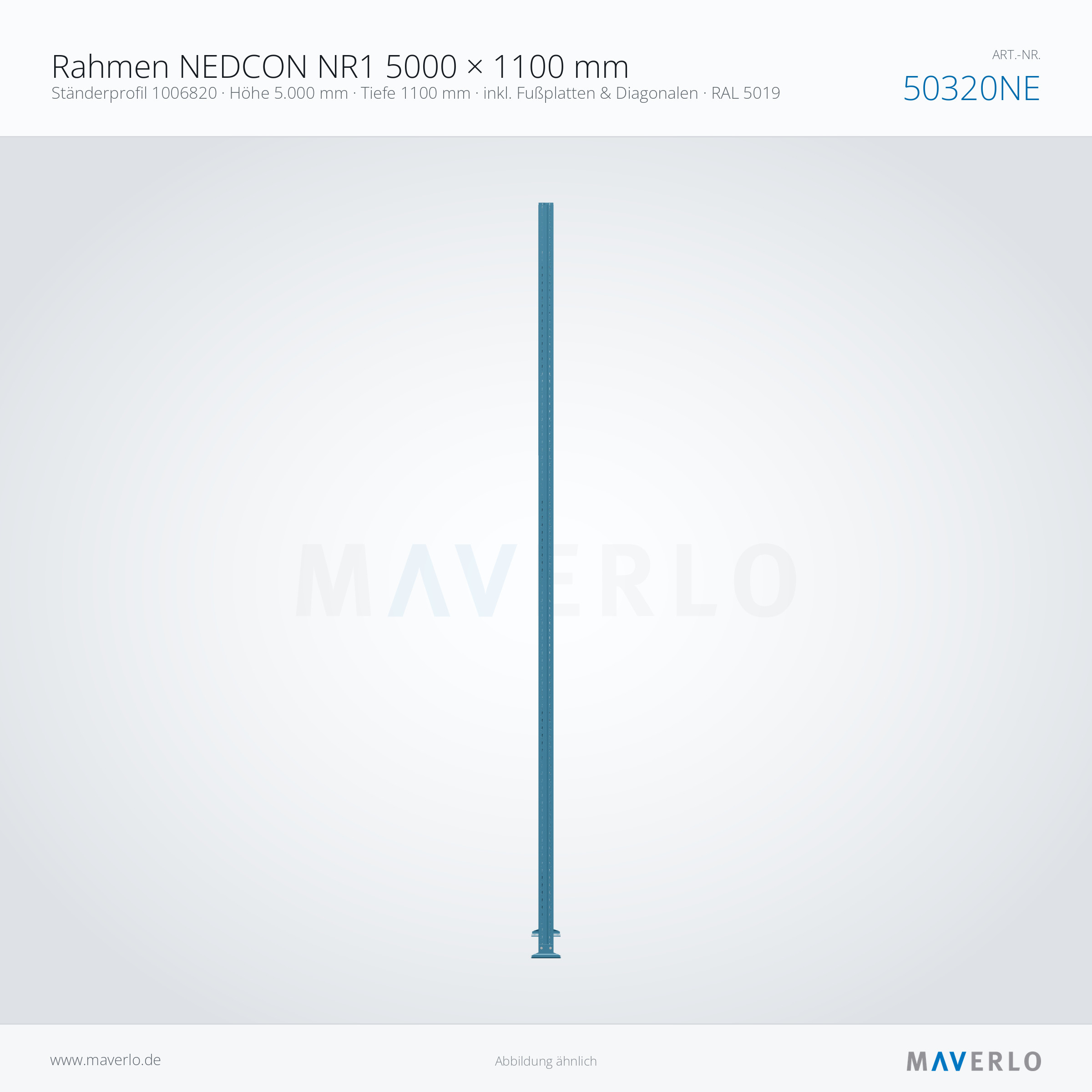 Rahmen NEDCON NR1 5000 × 1100 mm – Ständerprofil 1006820 · Höhe 5.000 mm · Tiefe 1100 mm · inkl. Fußplatten & Diagonalen · RAL 5019 – NEDCON NR1 Palettenregal, Art.-Nr. 50320NE (Seitenansicht)