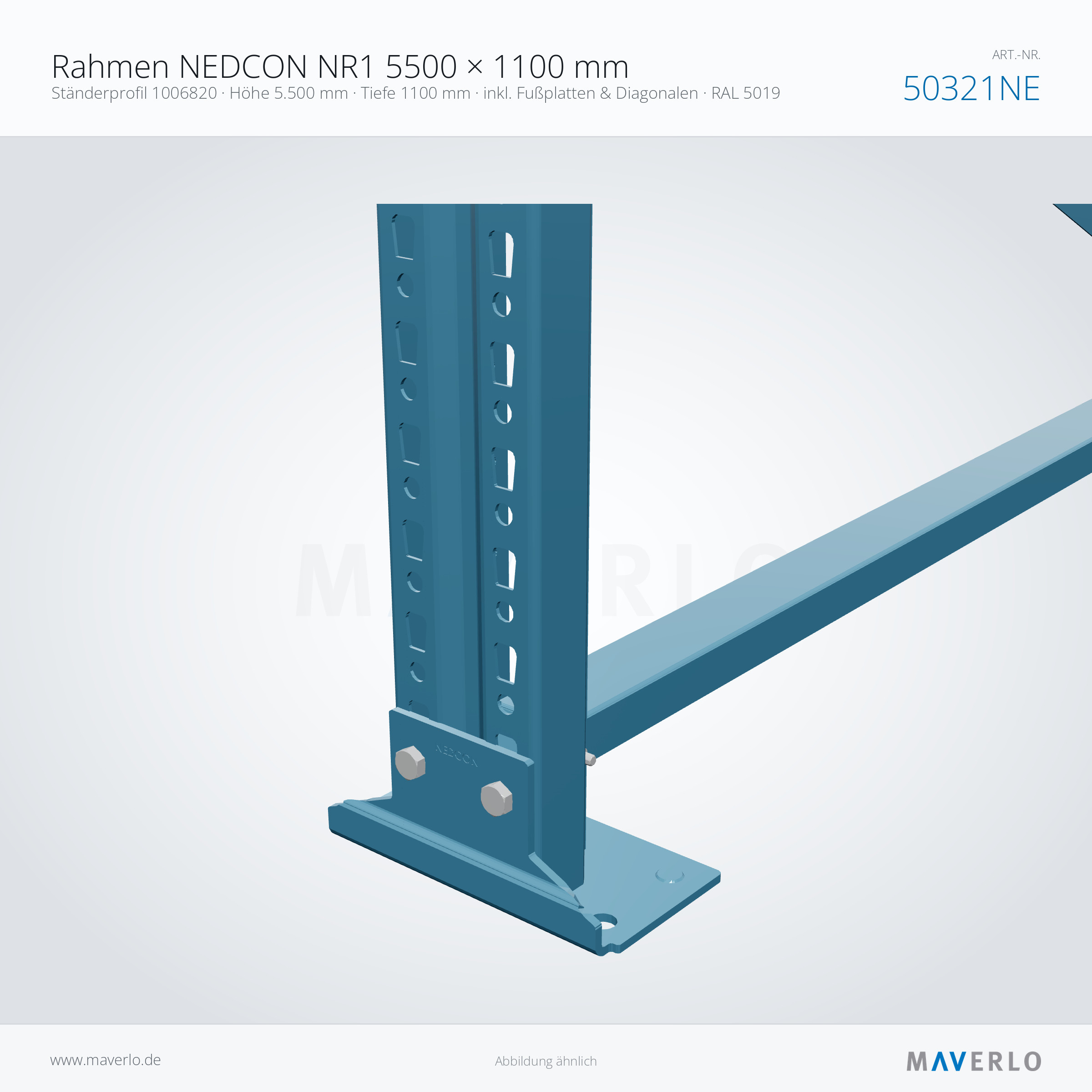 Rahmen NEDCON NR1 5500 × 1100 mm – Ständerprofil 1006820 · Höhe 5.500 mm · Tiefe 1100 mm · inkl. Fußplatten & Diagonalen · RAL 5019 – NEDCON NR1 Palettenregal, Art.-Nr. 50321NE (Detailansicht)