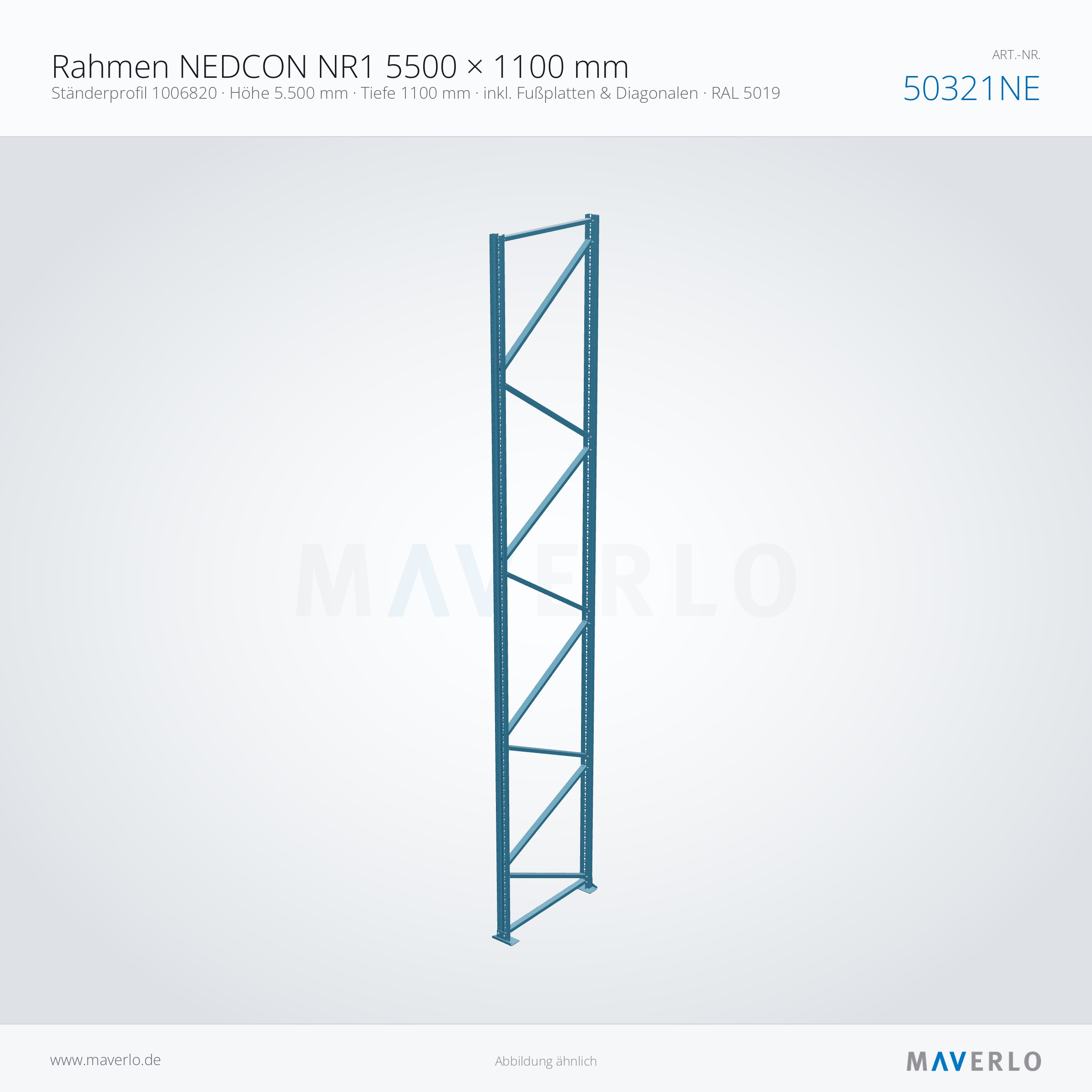 Rahmen NEDCON NR1 5500 × 1100 mm – Ständerprofil 1006820 · Höhe 5.500 mm · Tiefe 1100 mm · inkl. Fußplatten & Diagonalen · RAL 5019 – NEDCON NR1 Palettenregal, Art.-Nr. 50321NE (Perspektive)