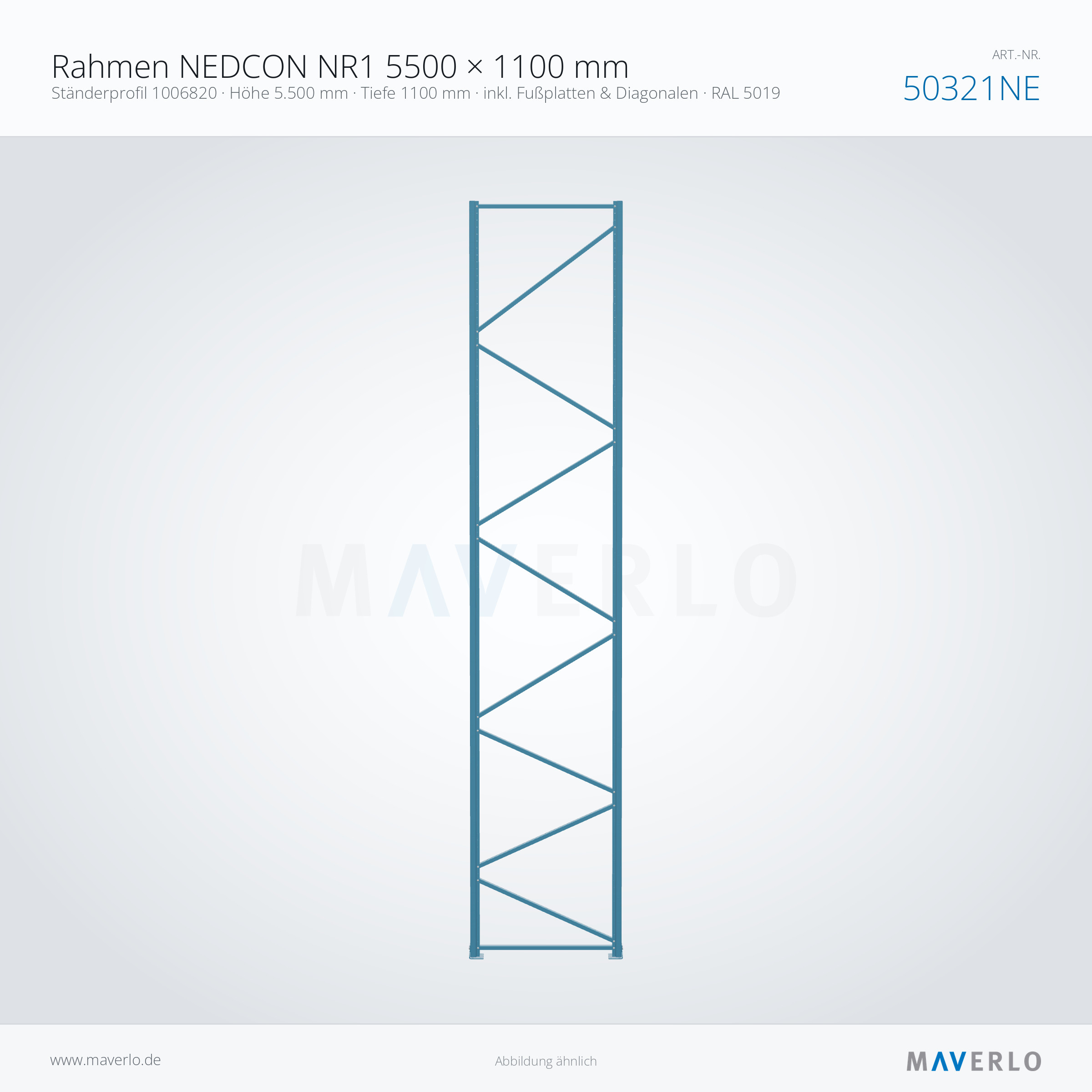Rahmen NEDCON NR1 5500 × 1100 mm – Ständerprofil 1006820 · Höhe 5.500 mm · Tiefe 1100 mm · inkl. Fußplatten & Diagonalen · RAL 5019 – NEDCON NR1 Palettenregal, Art.-Nr. 50321NE (Queransicht)