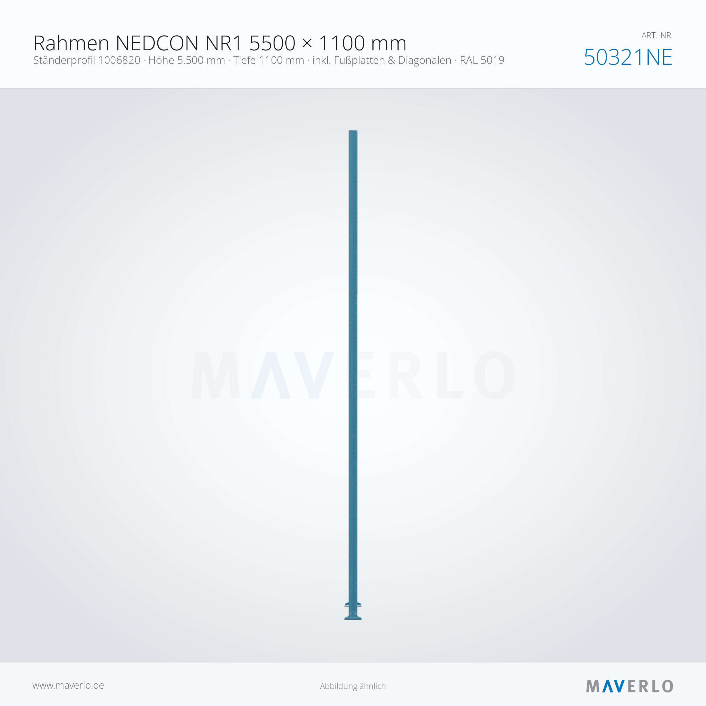 Rahmen NEDCON NR1 5500 × 1100 mm – Ständerprofil 1006820 · Höhe 5.500 mm · Tiefe 1100 mm · inkl. Fußplatten & Diagonalen · RAL 5019 – NEDCON NR1 Palettenregal, Art.-Nr. 50321NE (Seitenansicht)
