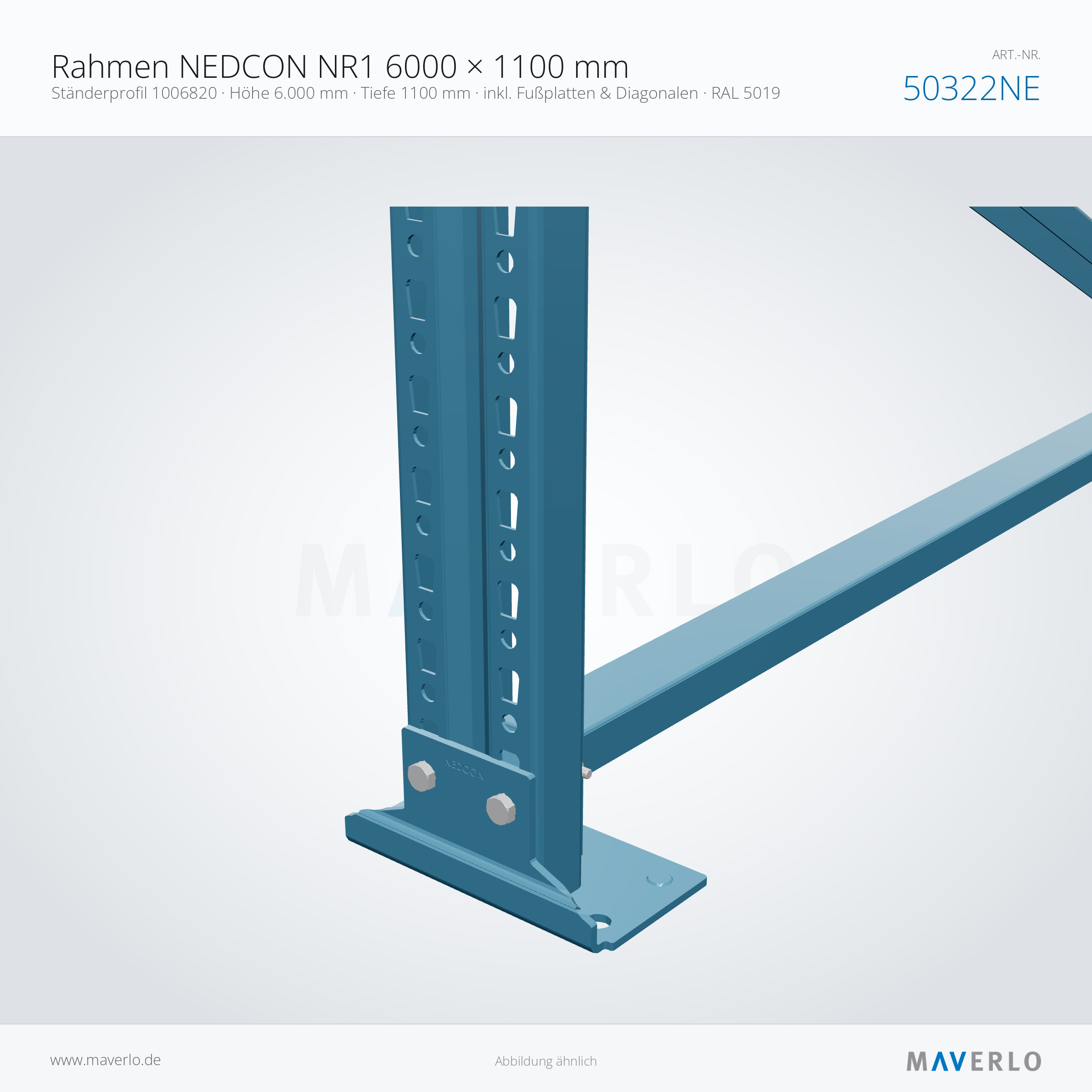 Rahmen NEDCON NR1 6000 × 1100 mm – Ständerprofil 1006820 · Höhe 6.000 mm · Tiefe 1100 mm · inkl. Fußplatten & Diagonalen · RAL 5019 – NEDCON NR1 Palettenregal, Art.-Nr. 50322NE (Detailansicht)