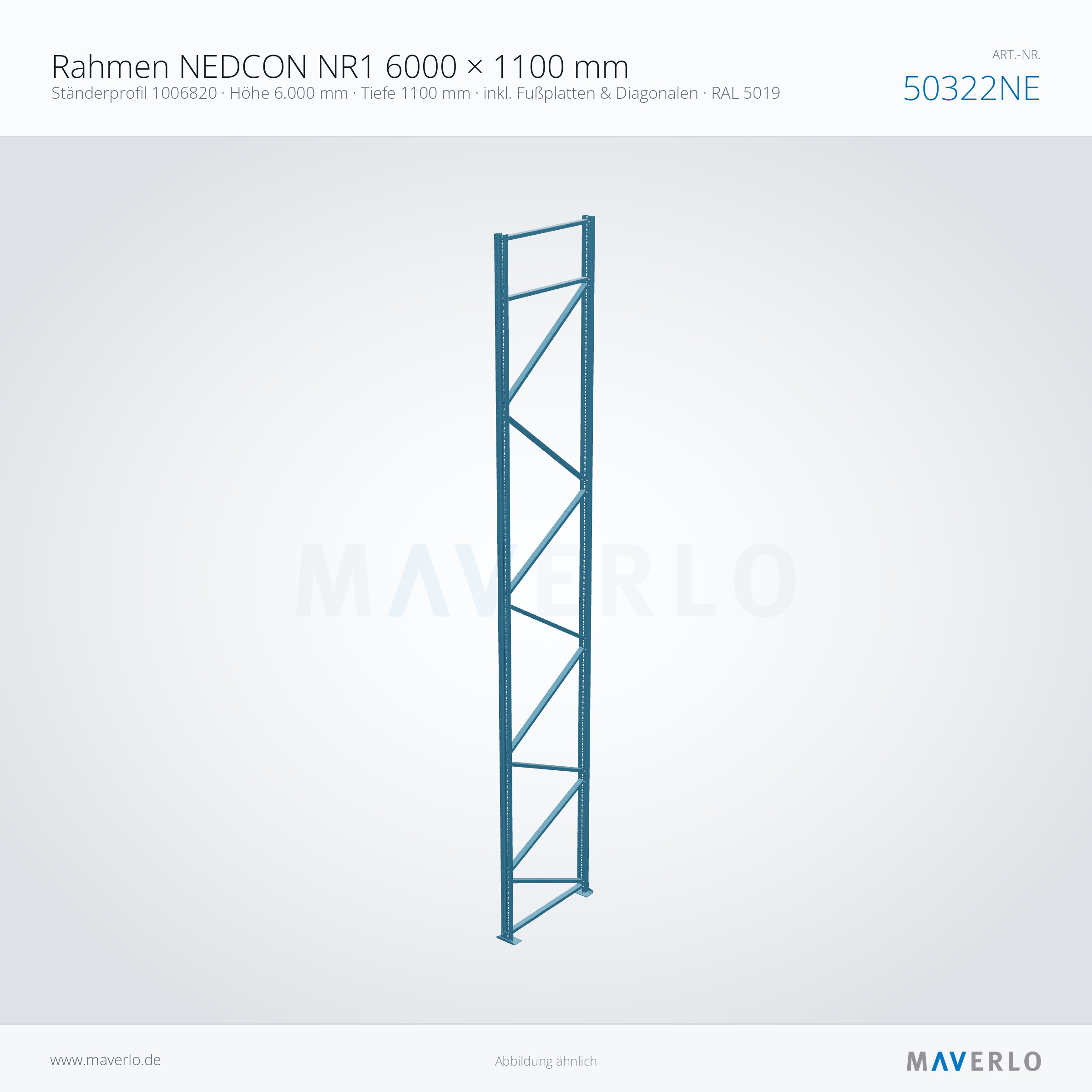 Rahmen NEDCON NR1 6000 × 1100 mm – Ständerprofil 1006820 · Höhe 6.000 mm · Tiefe 1100 mm · inkl. Fußplatten & Diagonalen · RAL 5019 – NEDCON NR1 Palettenregal, Art.-Nr. 50322NE (Perspektive)